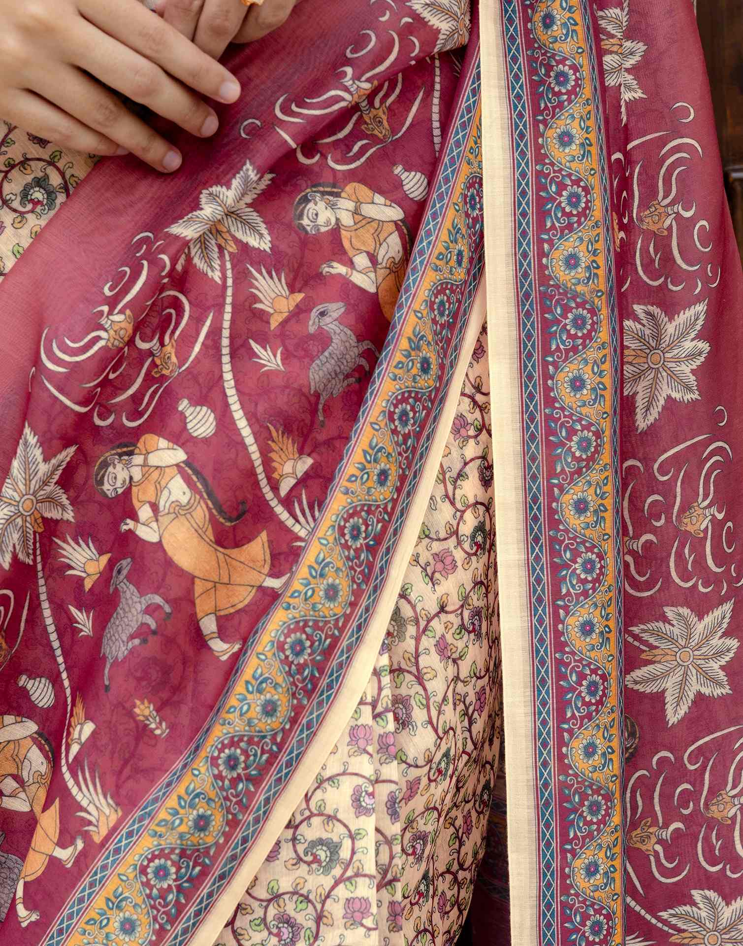 Ready To Wear Beige Linen Printed Saree - Image 12