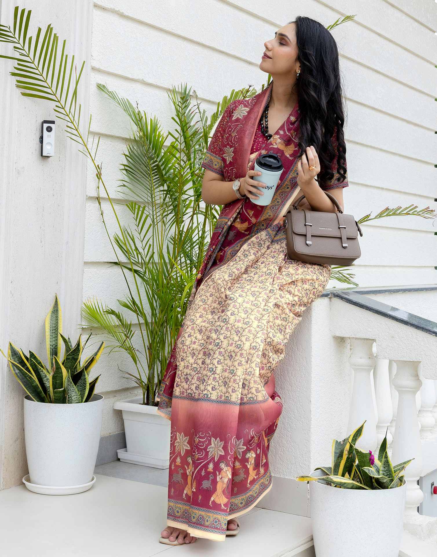 Ready To Wear Beige Linen Printed Saree - Image 8