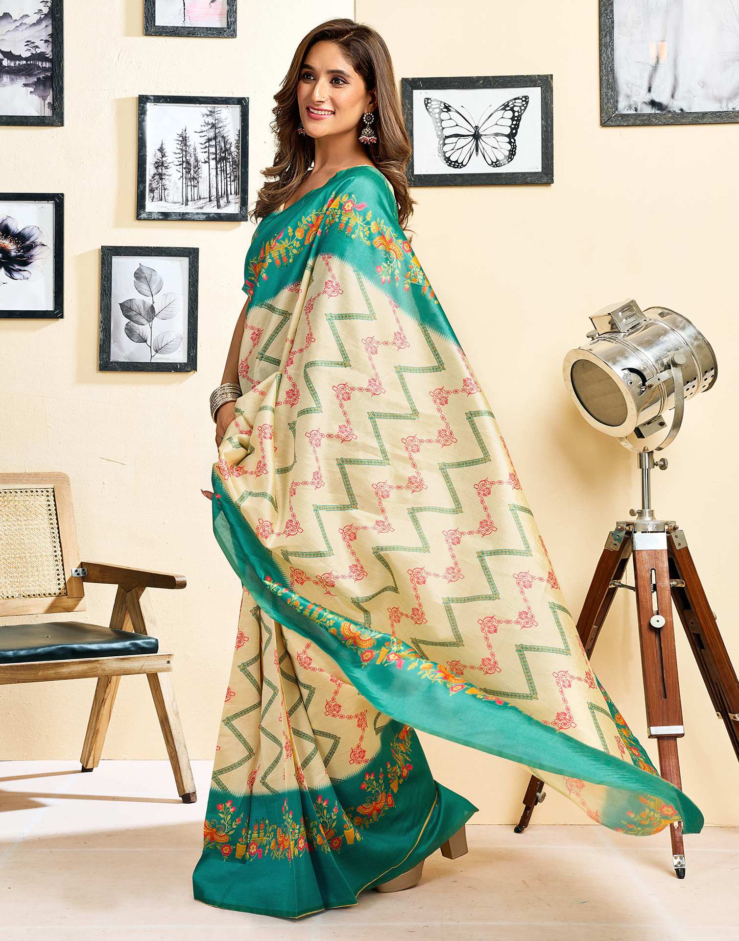 Ready To Wear Beige Silk Printed Saree - Image 6
