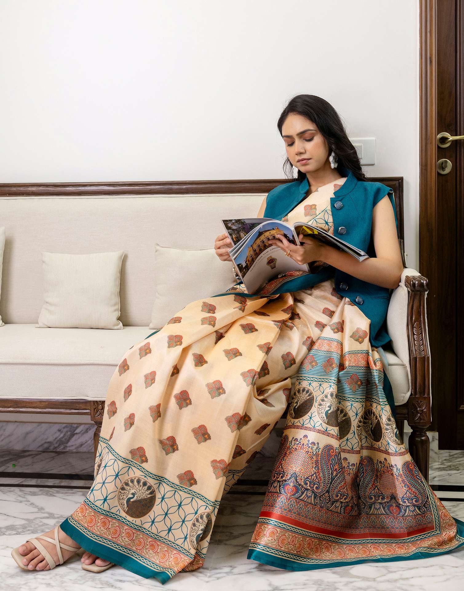Ready To Wear Beige Silk Printed Saree - Image 4