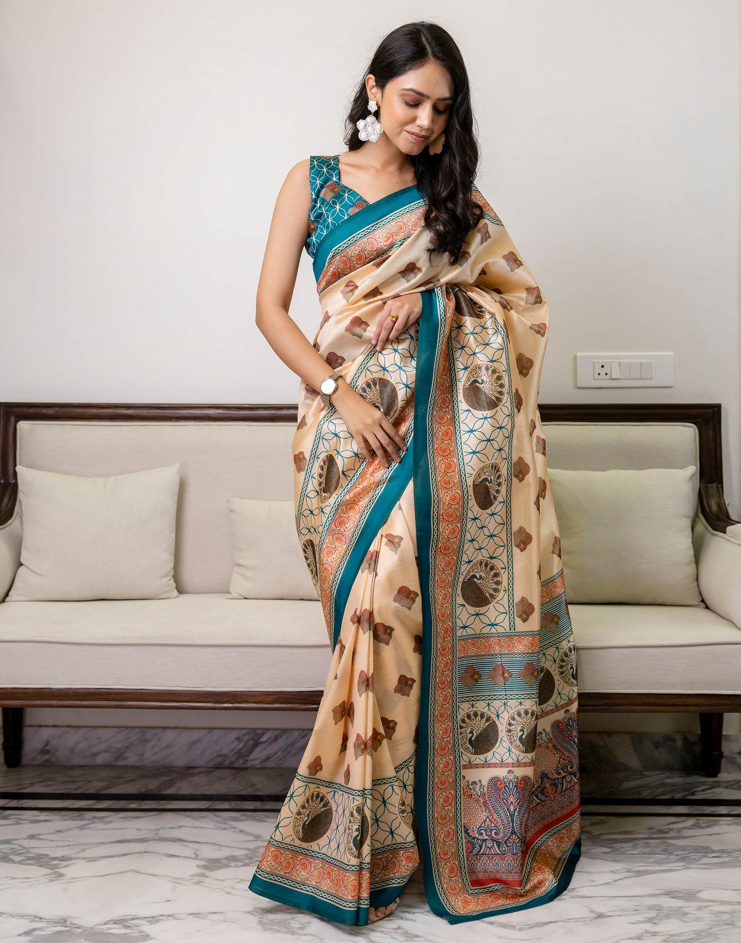 Ready To Wear Beige Silk Printed Saree - Image 7