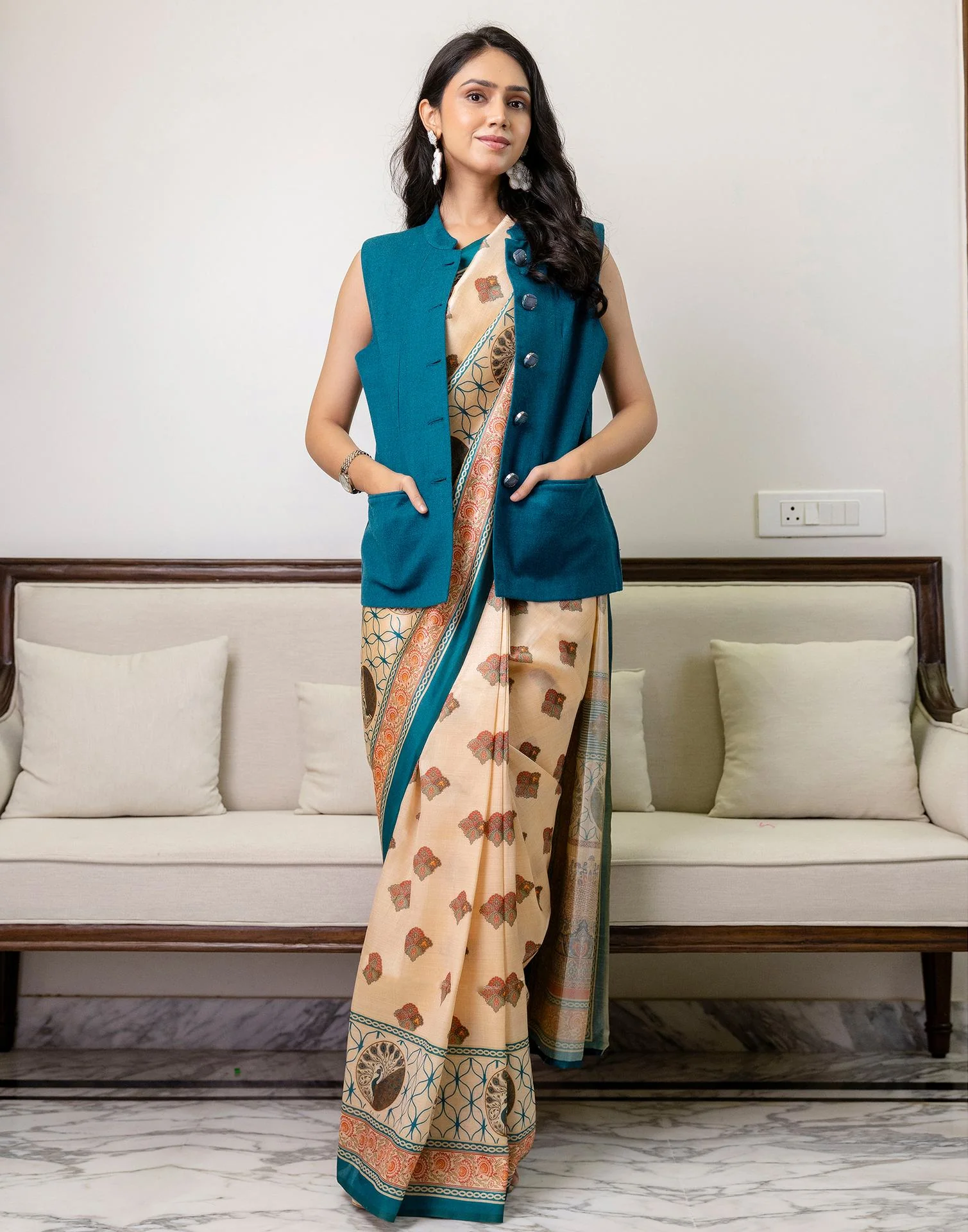 Ready To Wear Beige Silk Printed Saree - Image 9