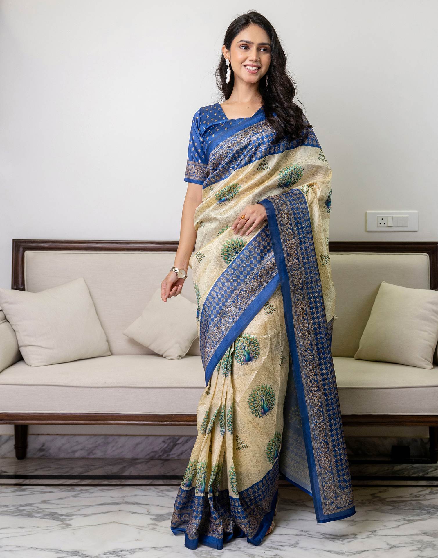 Ready To Wear Beige Silk Printed Saree - Image 2