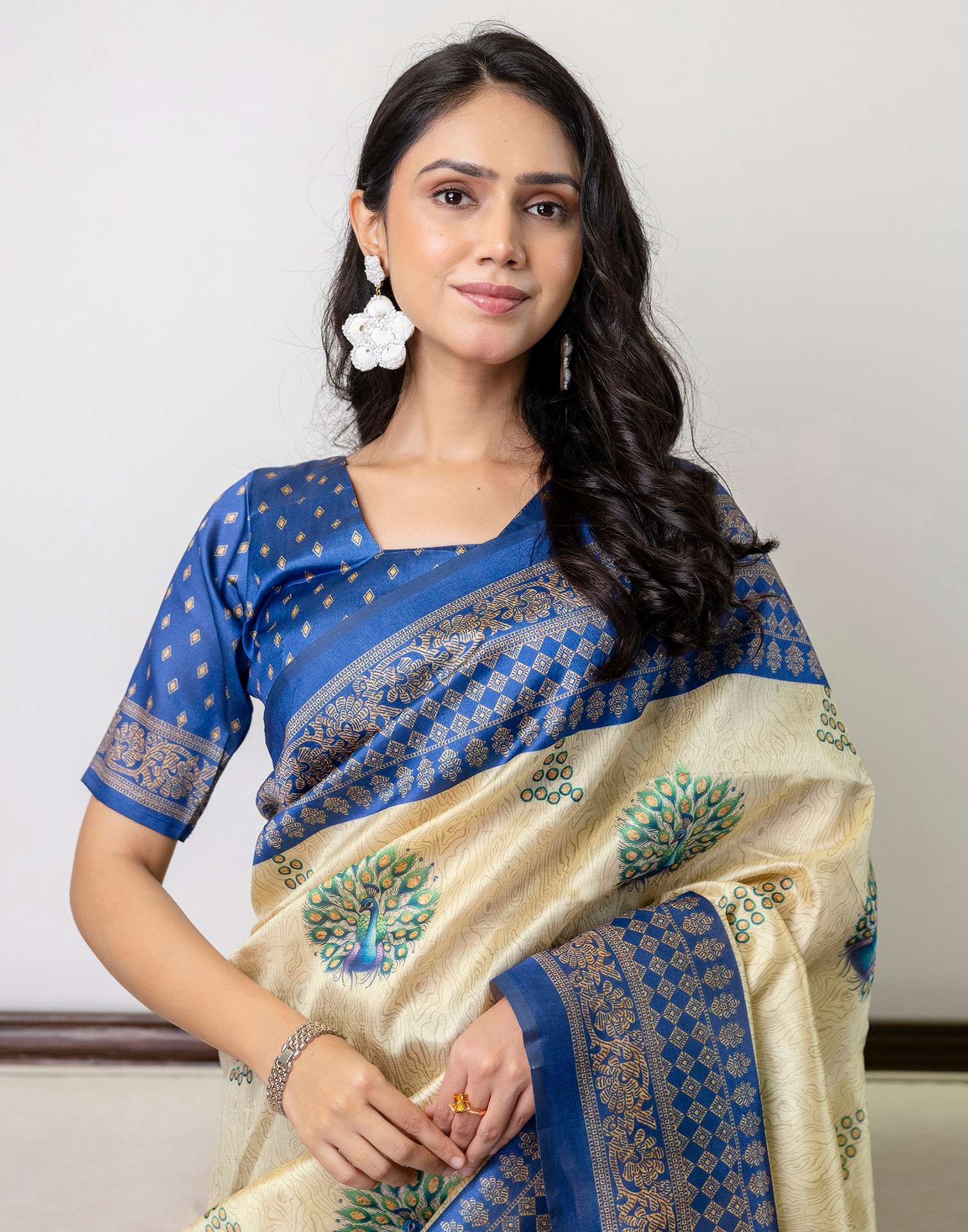 Ready To Wear Beige Silk Printed Saree - Image 4