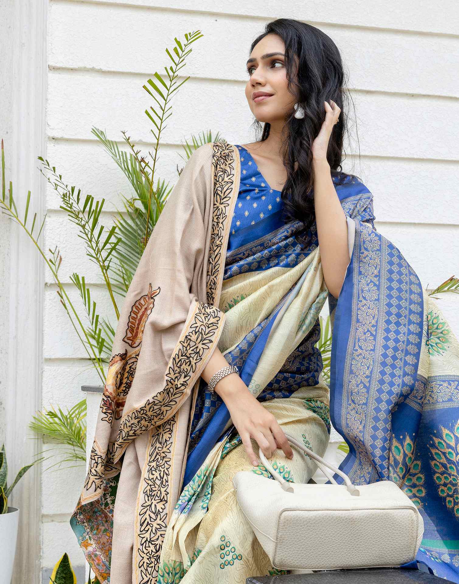 Ready To Wear Beige Silk Printed Saree - Image 5