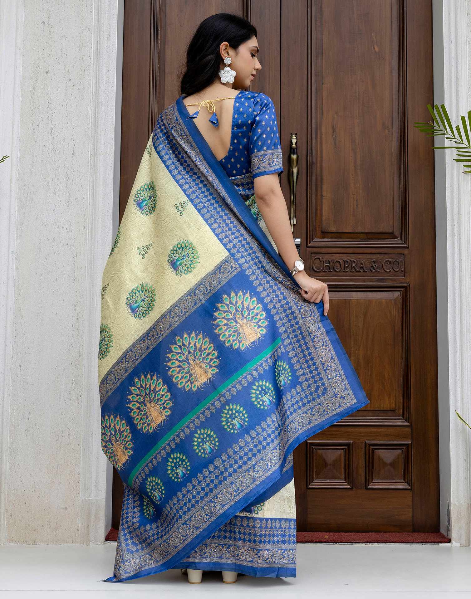 Ready To Wear Beige Silk Printed Saree - Image 7