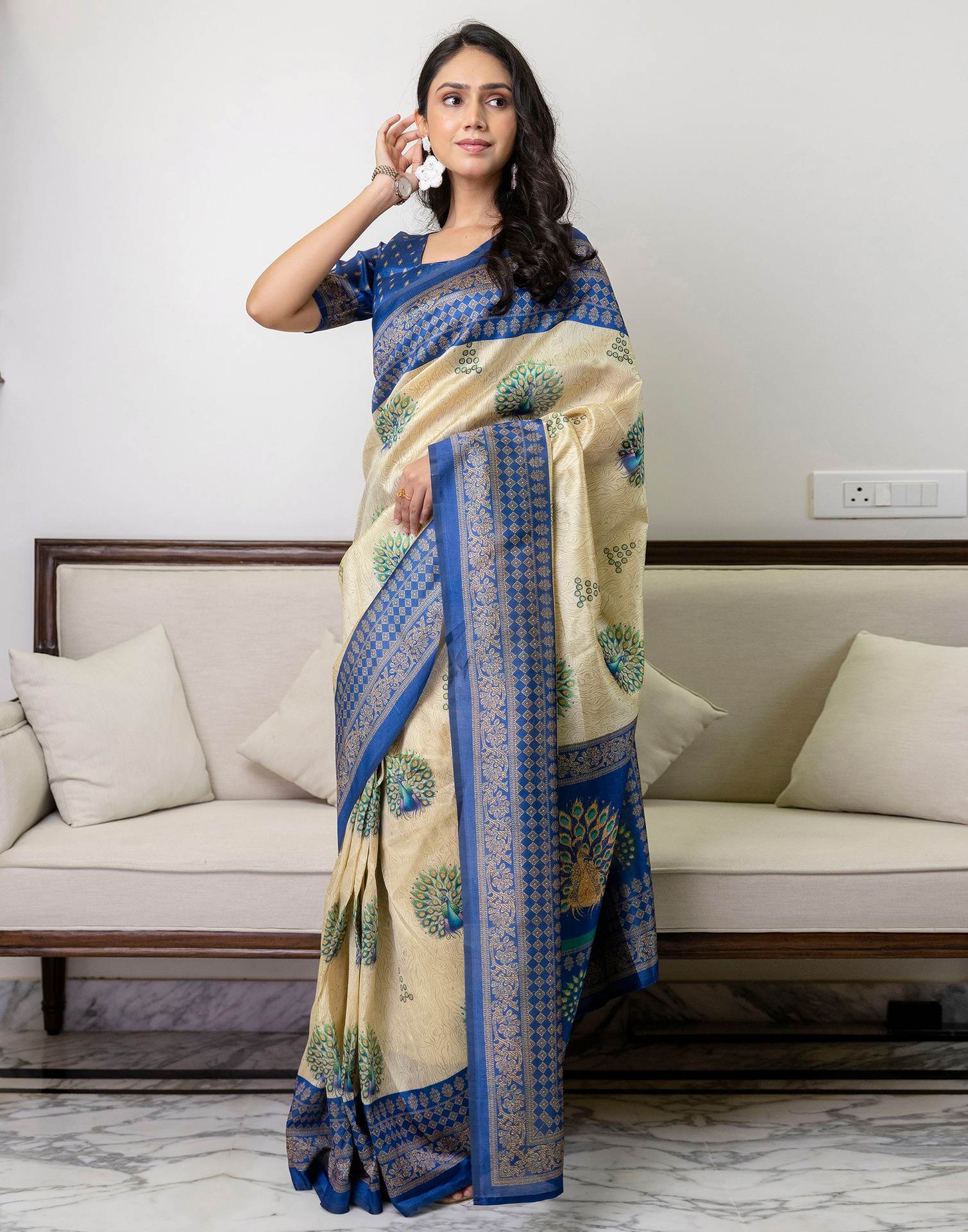 Ready To Wear Beige Silk Printed Saree - Image 9
