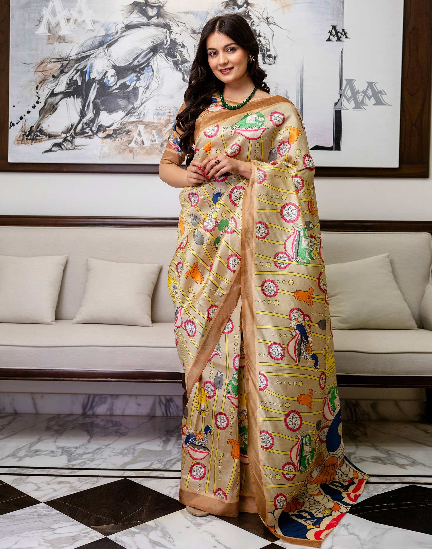 Ready To Wear Beige Silk Printed Saree - Image 8