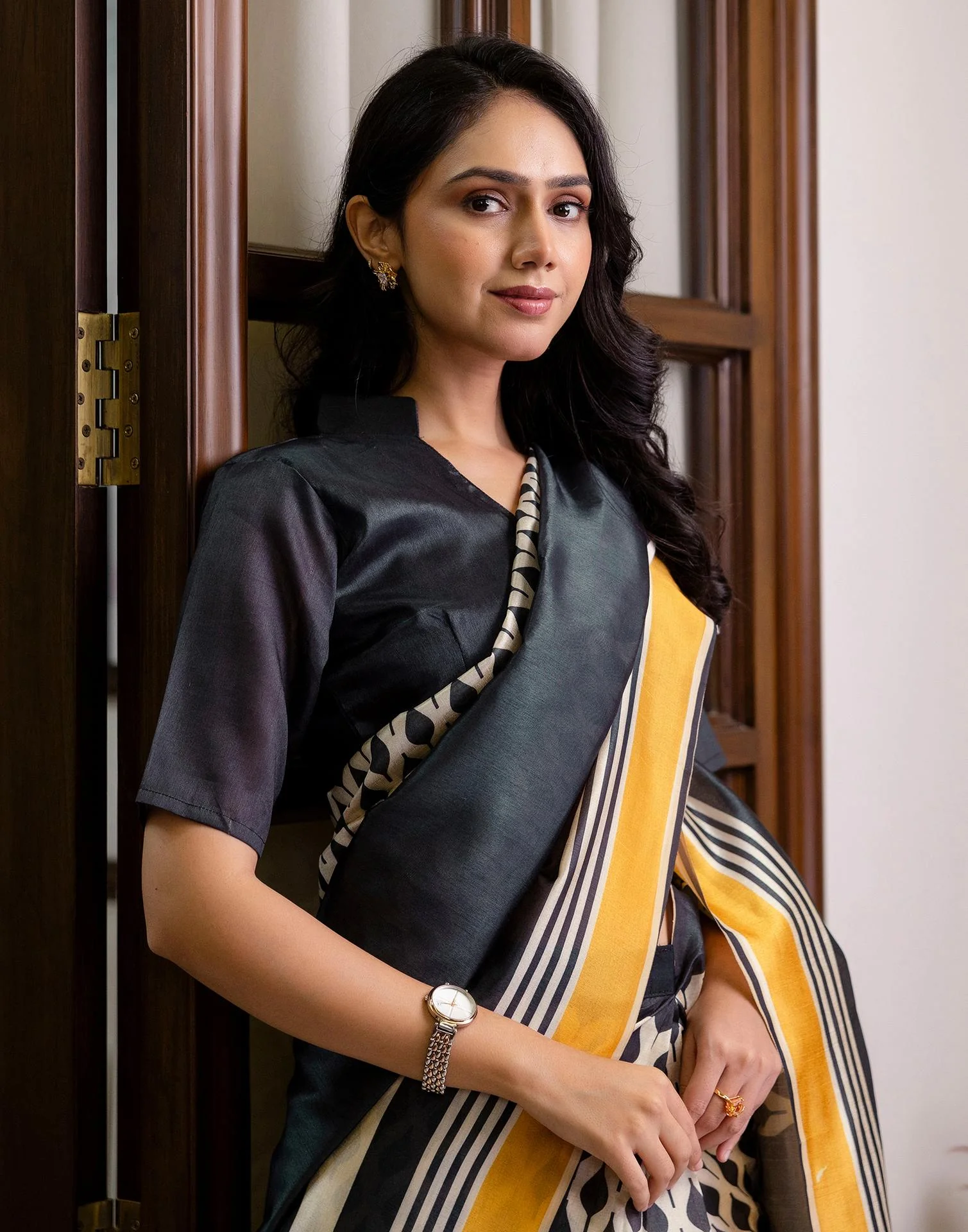 Ready To Wear Beige Silk Printed Saree - Image 6