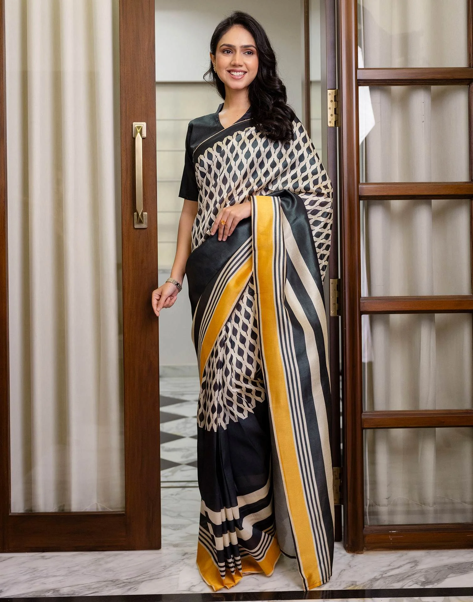Ready To Wear Beige Silk Printed Saree - Image 7