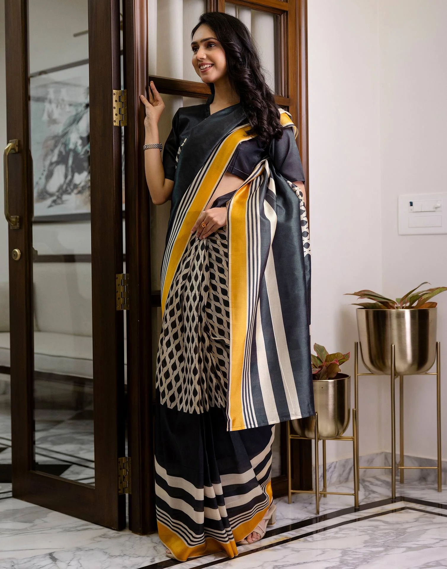Ready To Wear Beige Silk Printed Saree - Image 8