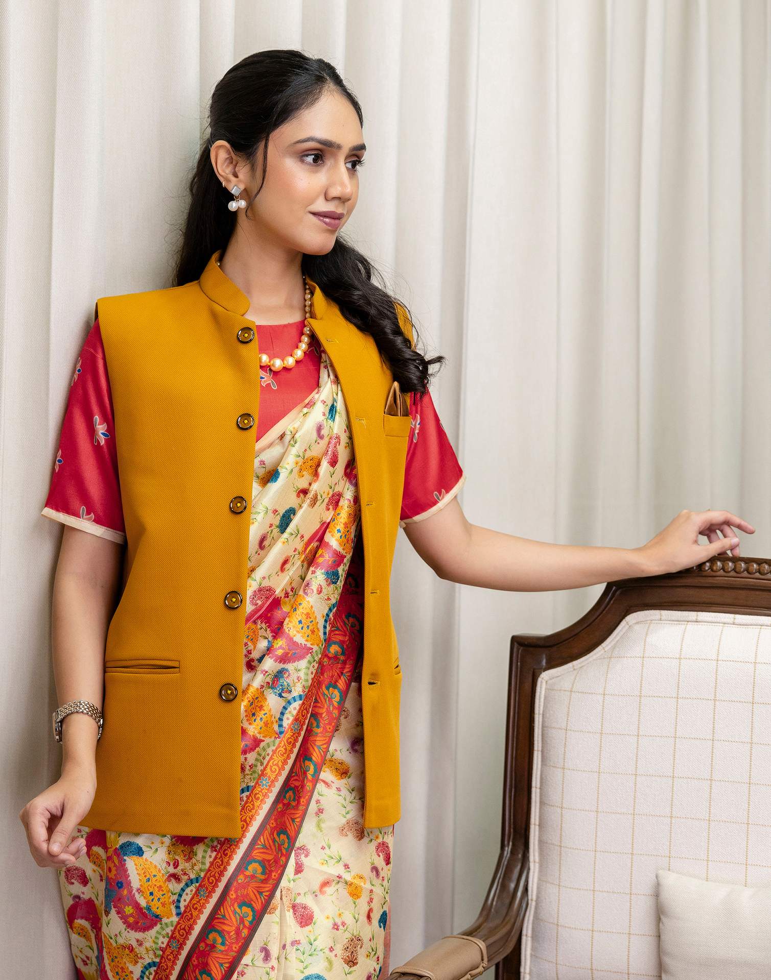 Ready To Wear Beige Silk Printed Saree - Image 10