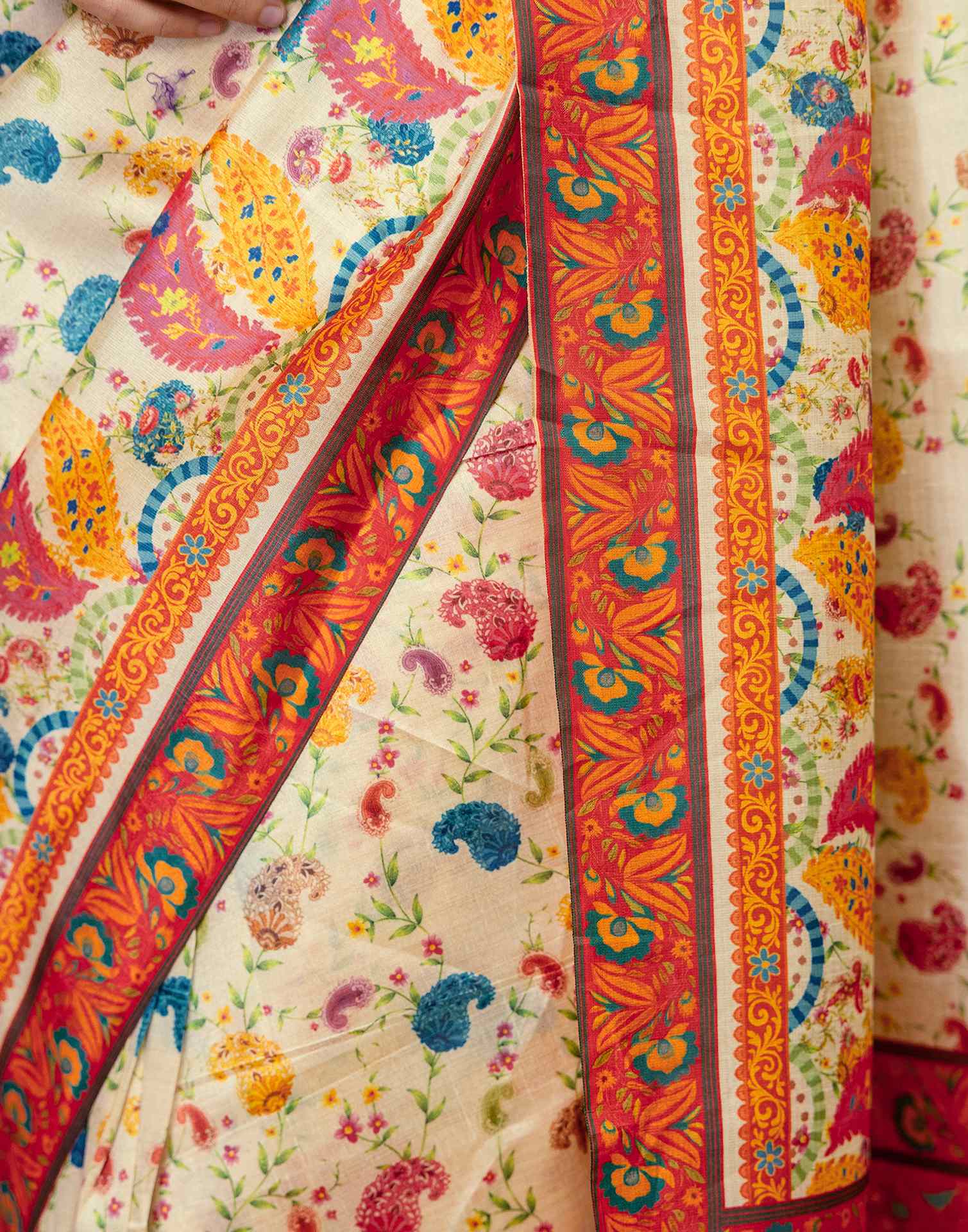 Ready To Wear Beige Silk Printed Saree - Image 11