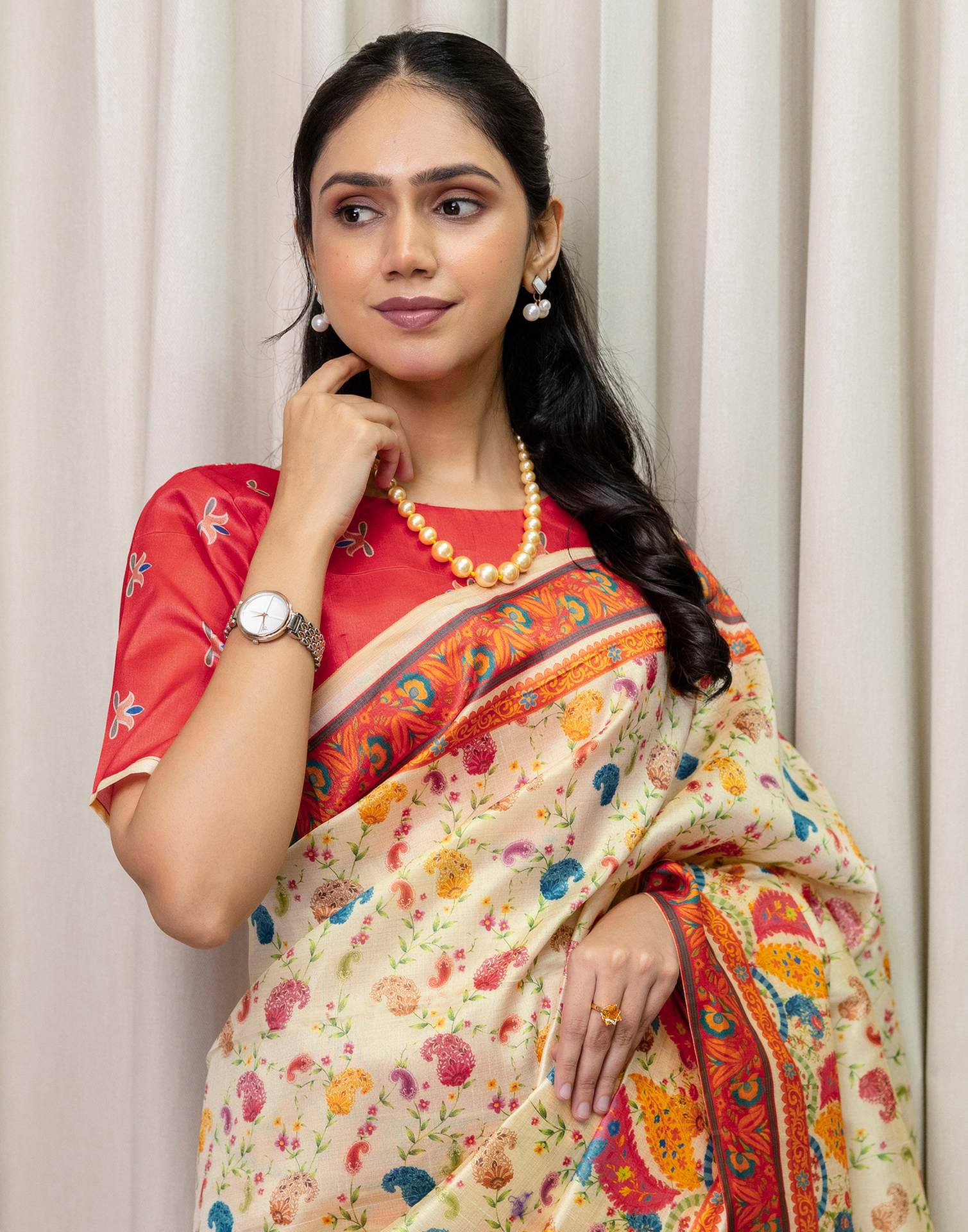 Ready To Wear Beige Silk Printed Saree - Image 5