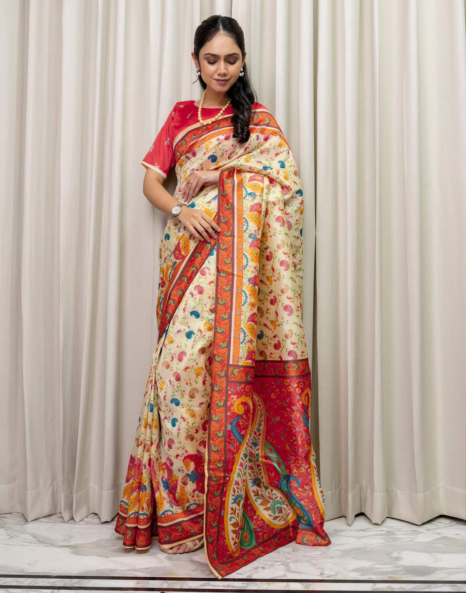 Ready To Wear Beige Silk Printed Saree - Image 6
