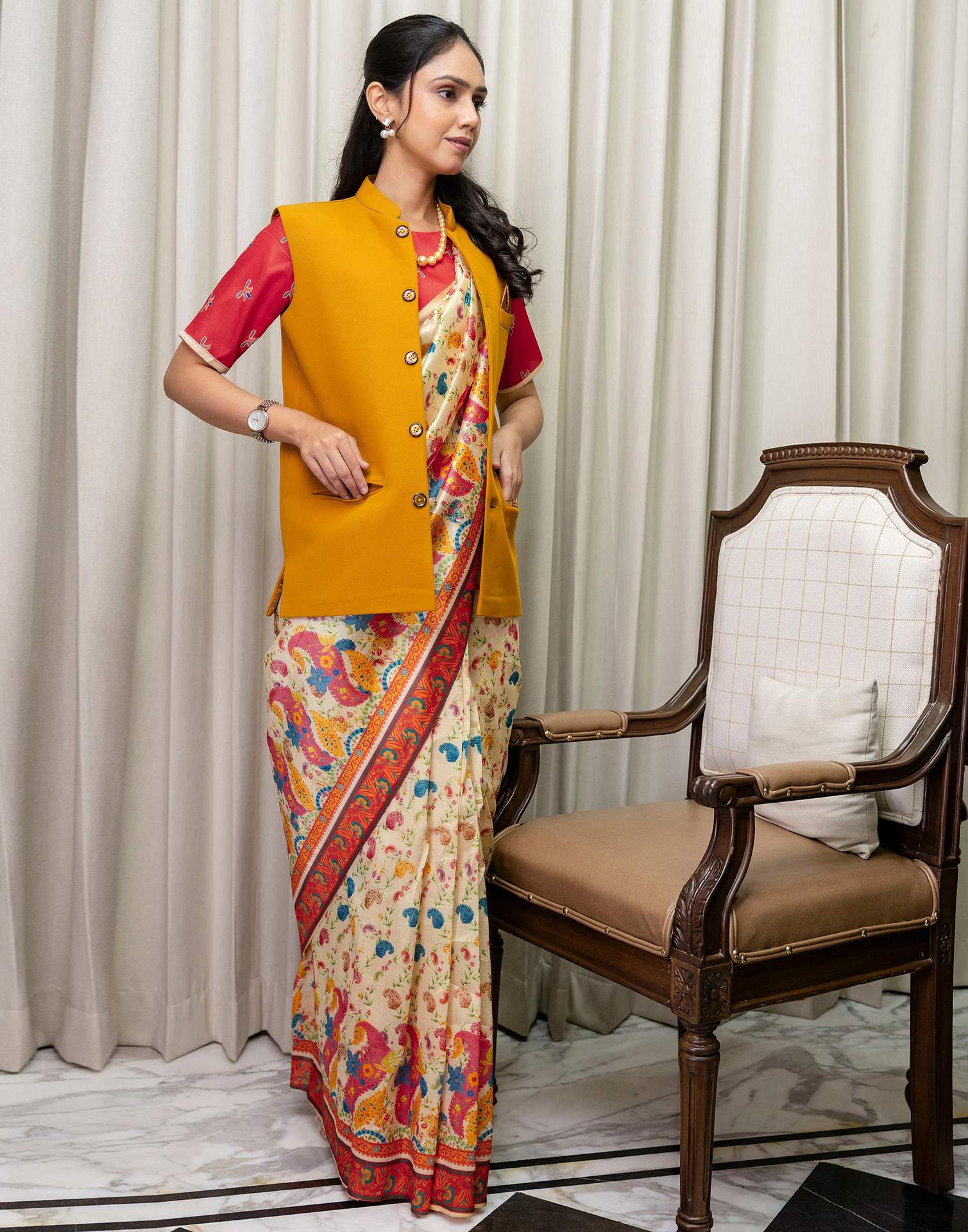 Ready To Wear Beige Silk Printed Saree - Image 7
