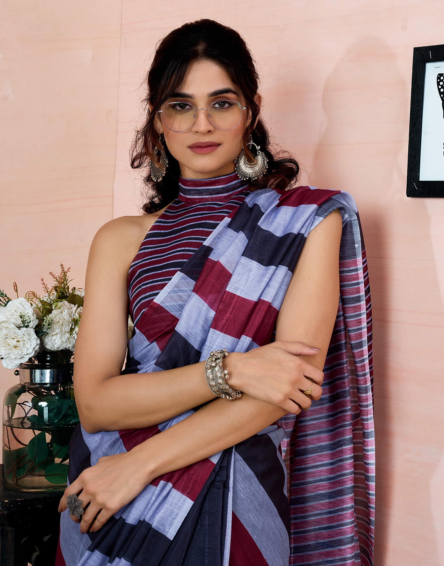 Ready To Wear Black Chanderi Printed Saree With Pocket - Image 4