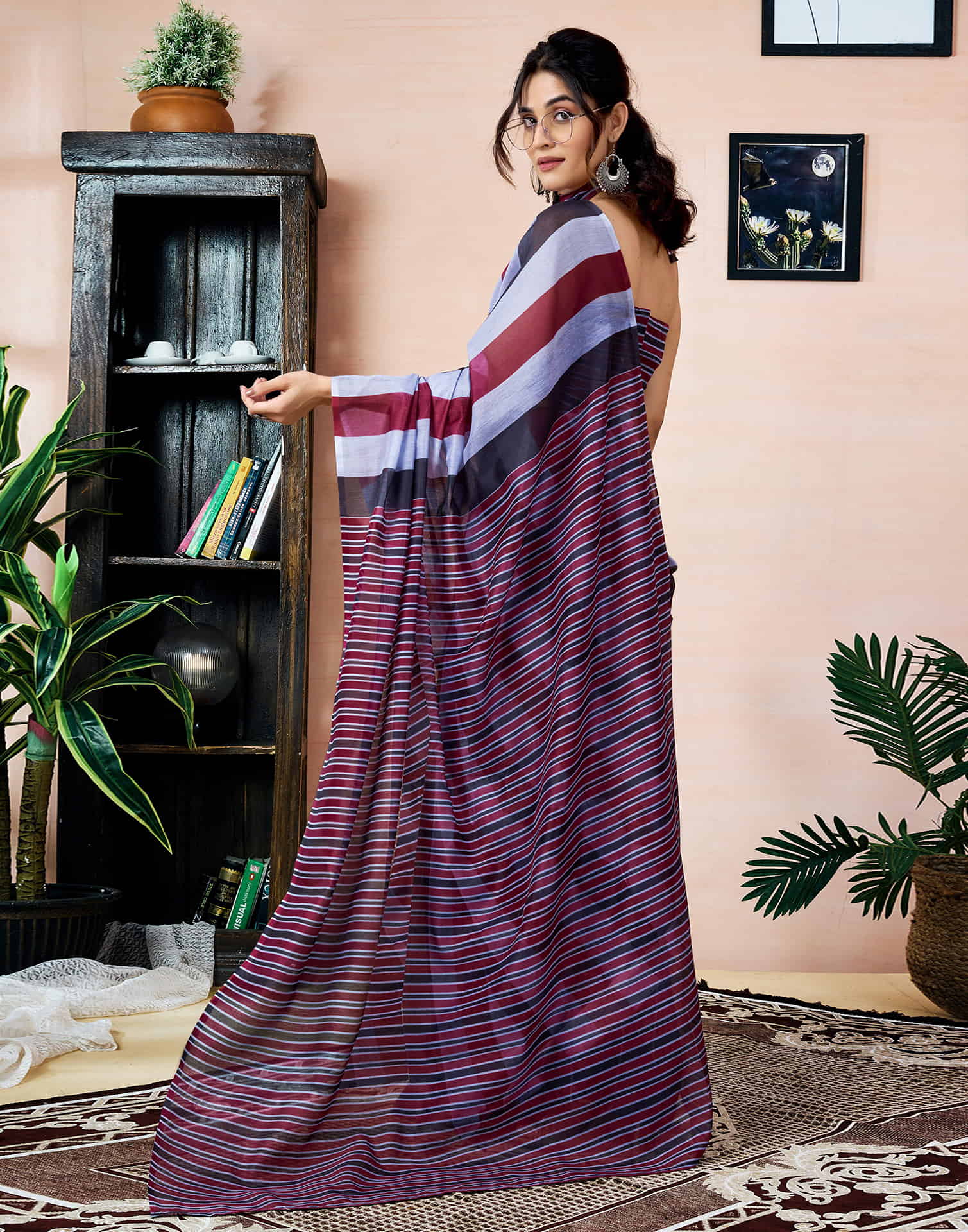 Ready To Wear Black Chanderi Printed Saree With Pocket - Image 5