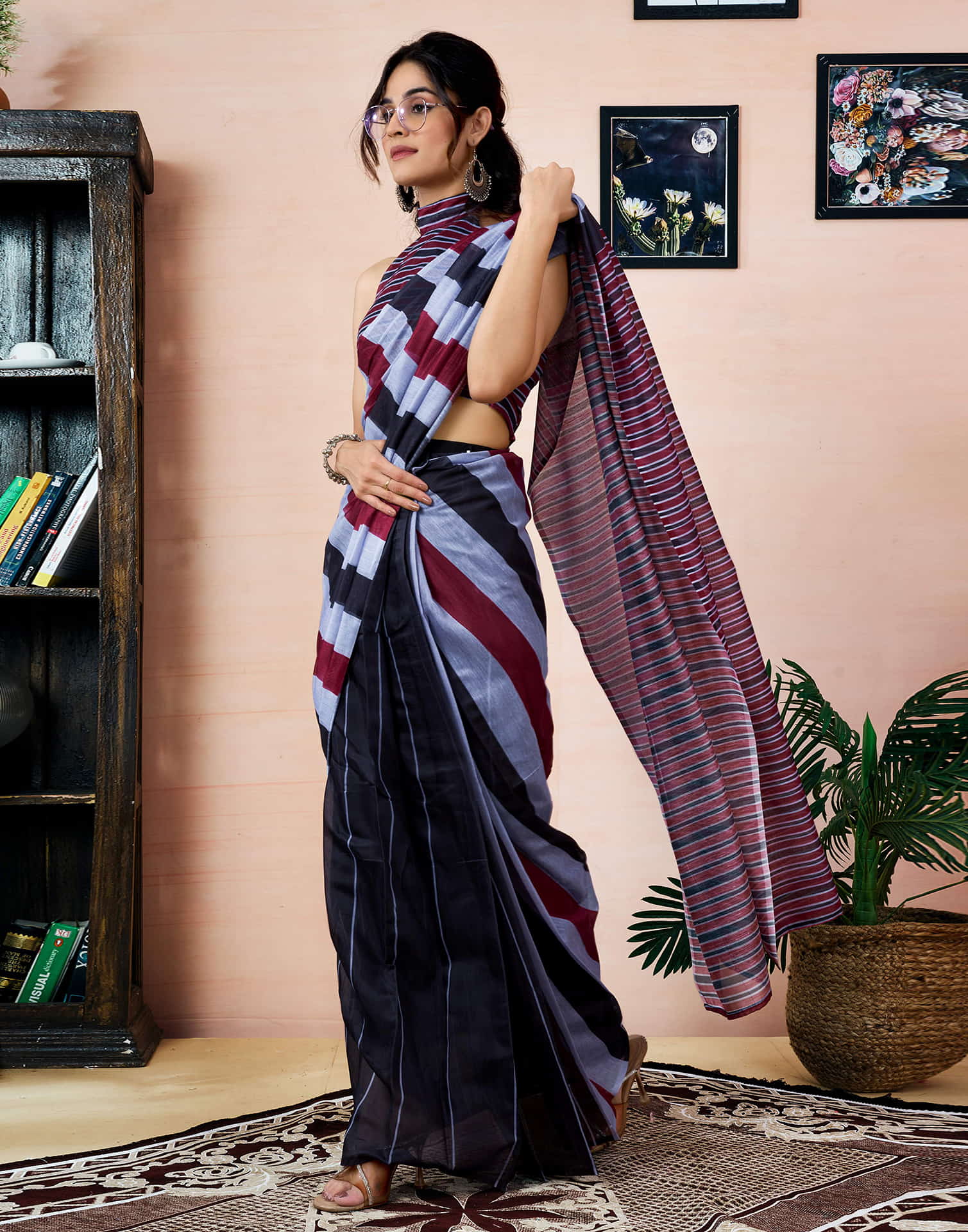 Ready To Wear Black Chanderi Printed Saree With Pocket - Image 7