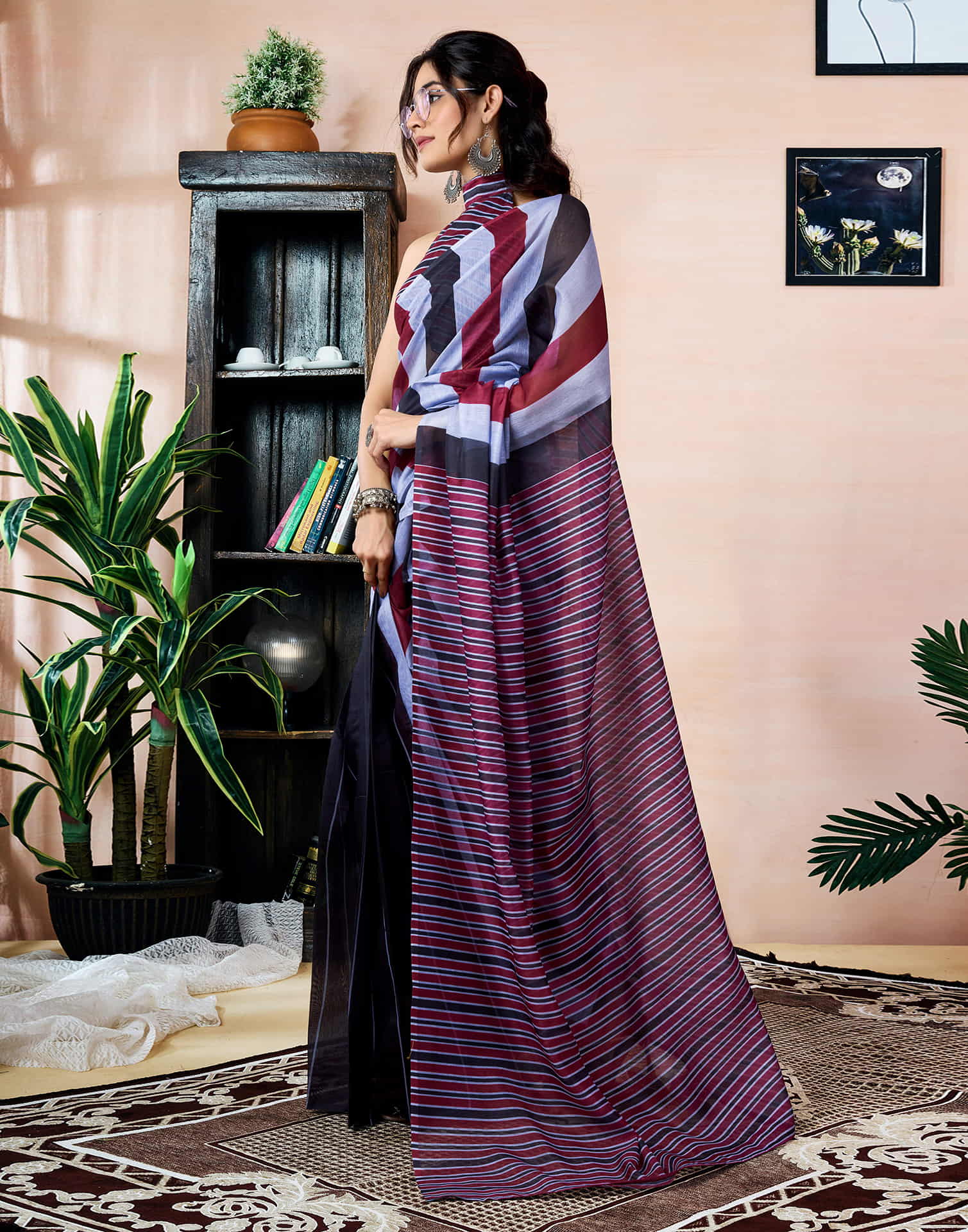 Ready To Wear Black Chanderi Printed Saree With Pocket - Image 8