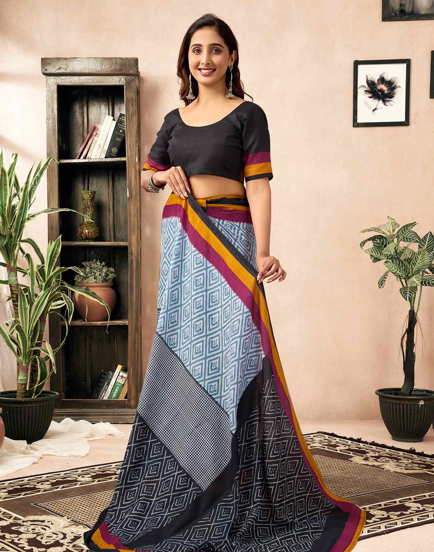 Ready To Wear Black Cotton Ikkat Printed Saree - Image 4