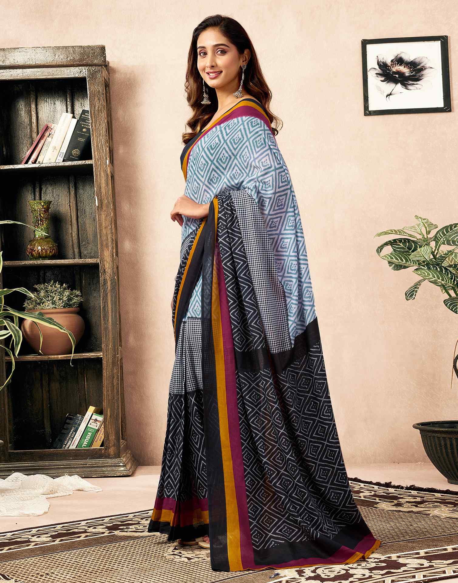 Ready To Wear Black Cotton Ikkat Printed Saree - Image 5