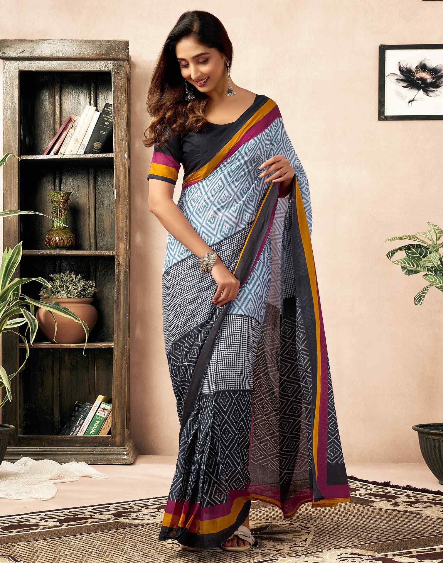 Ready To Wear Black Cotton Ikkat Printed Saree - Image 6