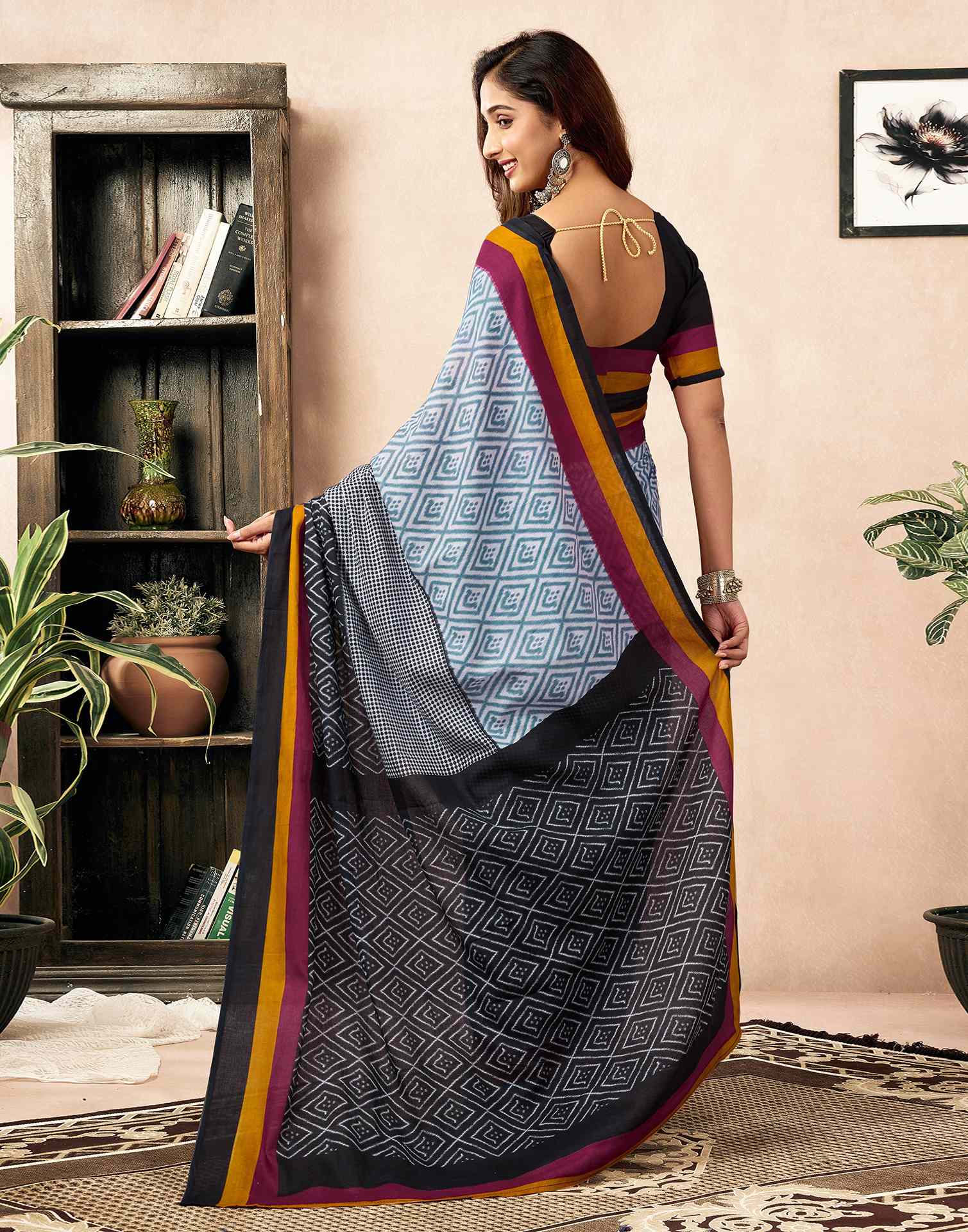 Ready To Wear Black Cotton Ikkat Printed Saree - Image 7
