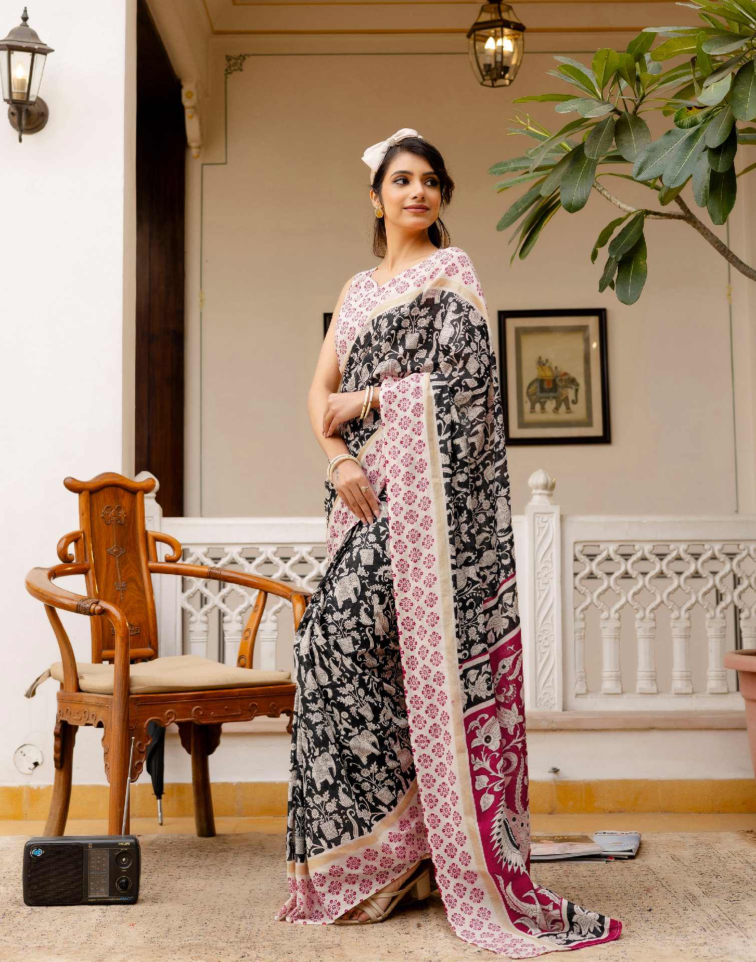 Ready To Wear Black Cotton Printed Saree - Image 5