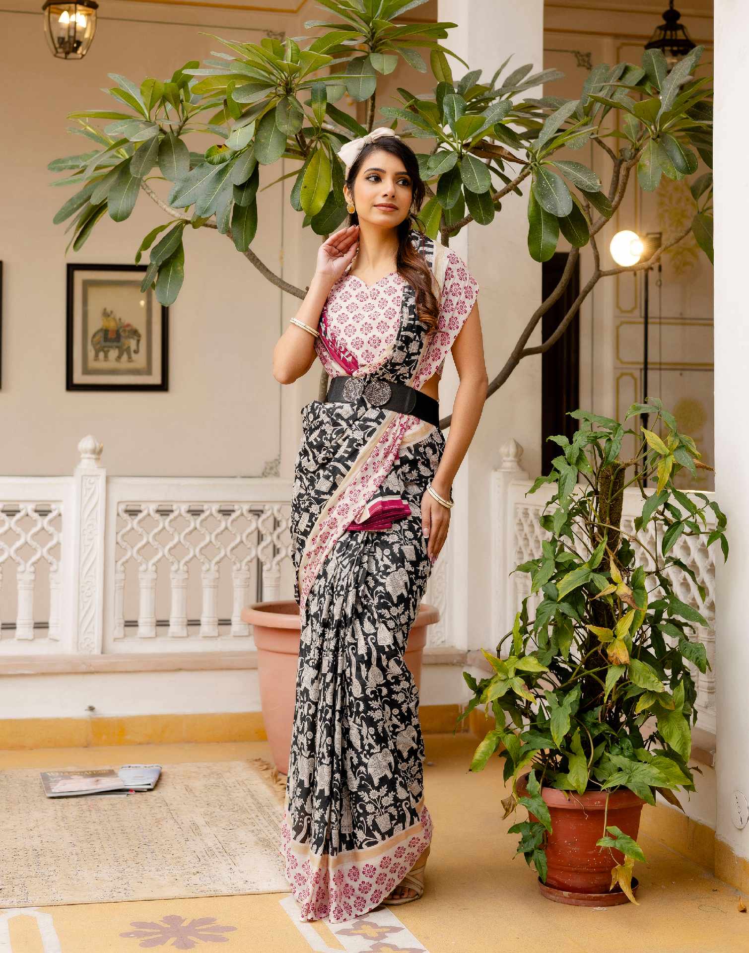 Ready To Wear Black Cotton Printed Saree - Image 8