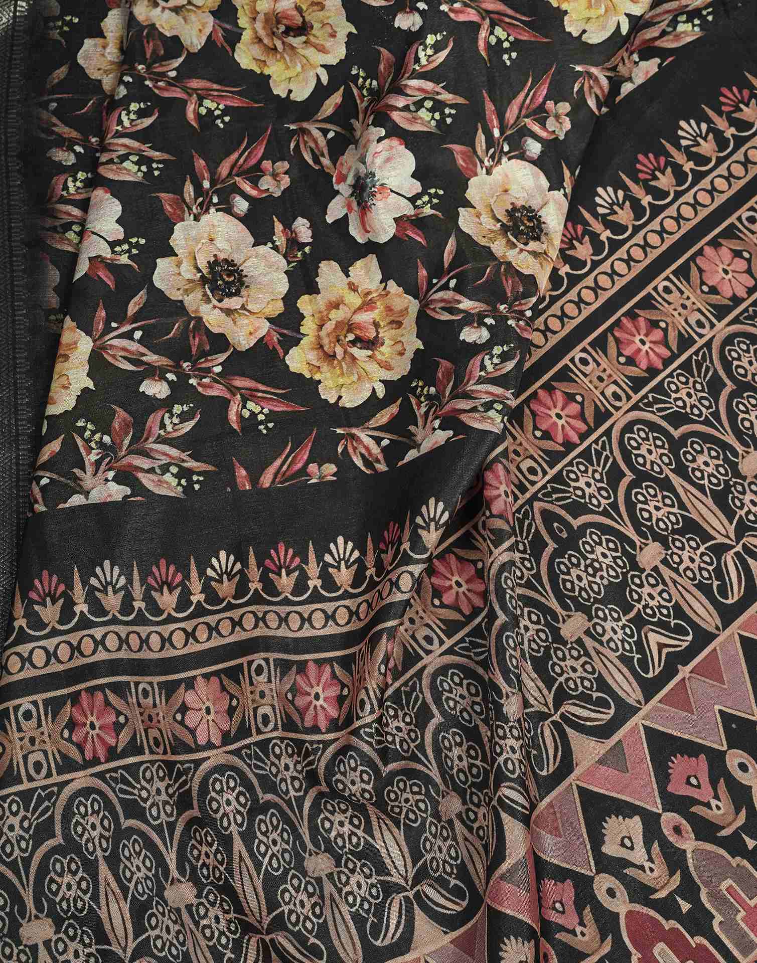 Ready To Wear Black Dola Silk Printed Saree - Image 11