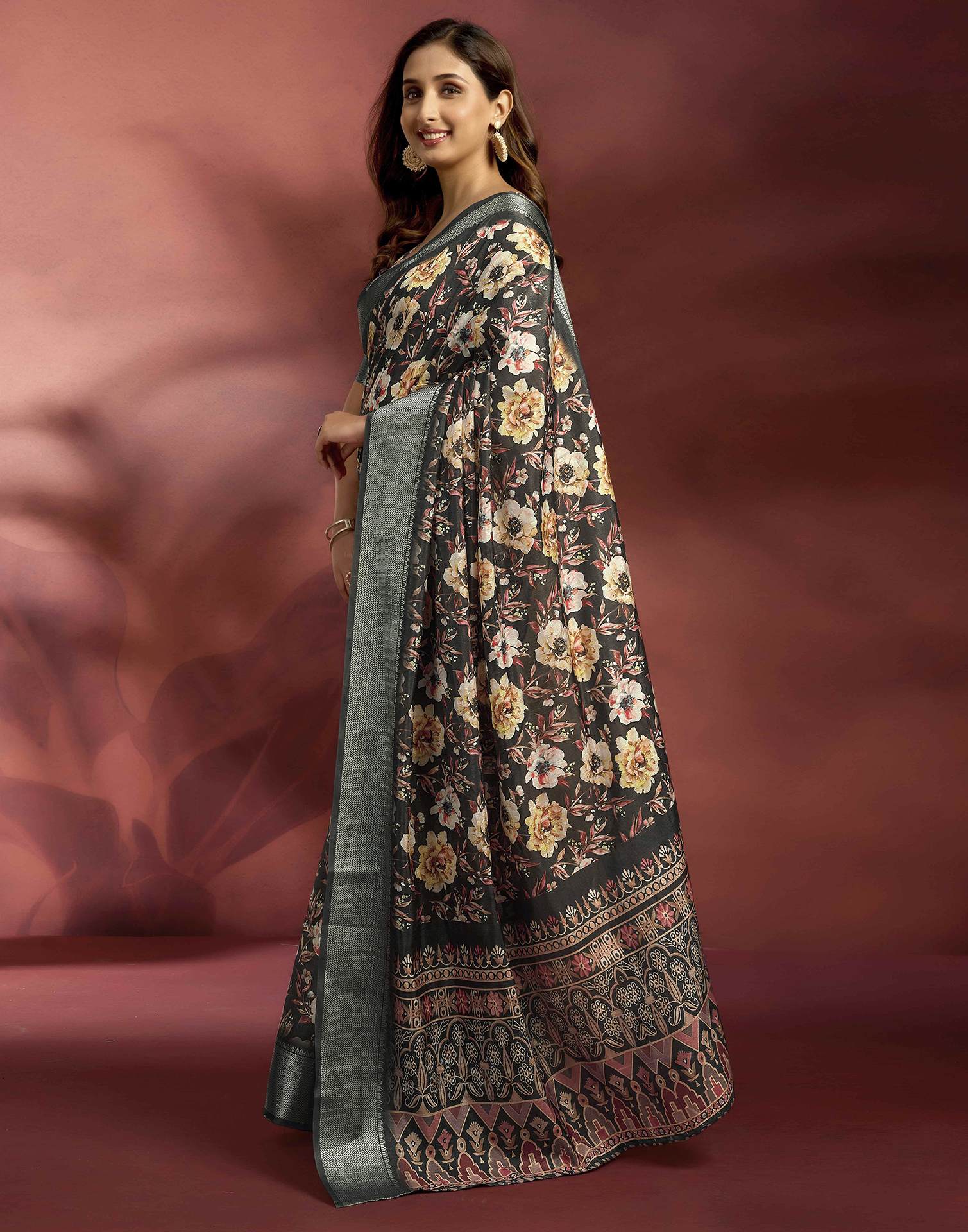 Ready To Wear Black Dola Silk Printed Saree - Image 5
