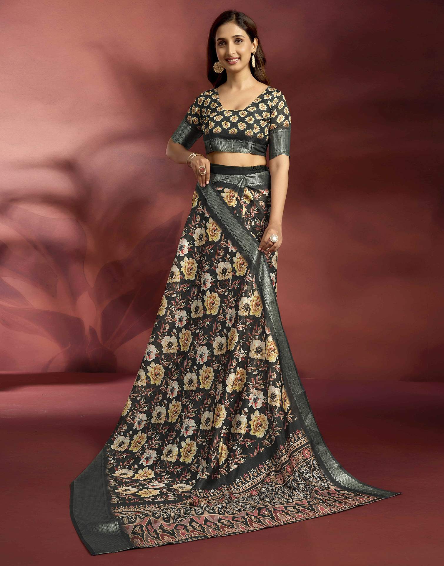 Ready To Wear Black Dola Silk Printed Saree - Image 8