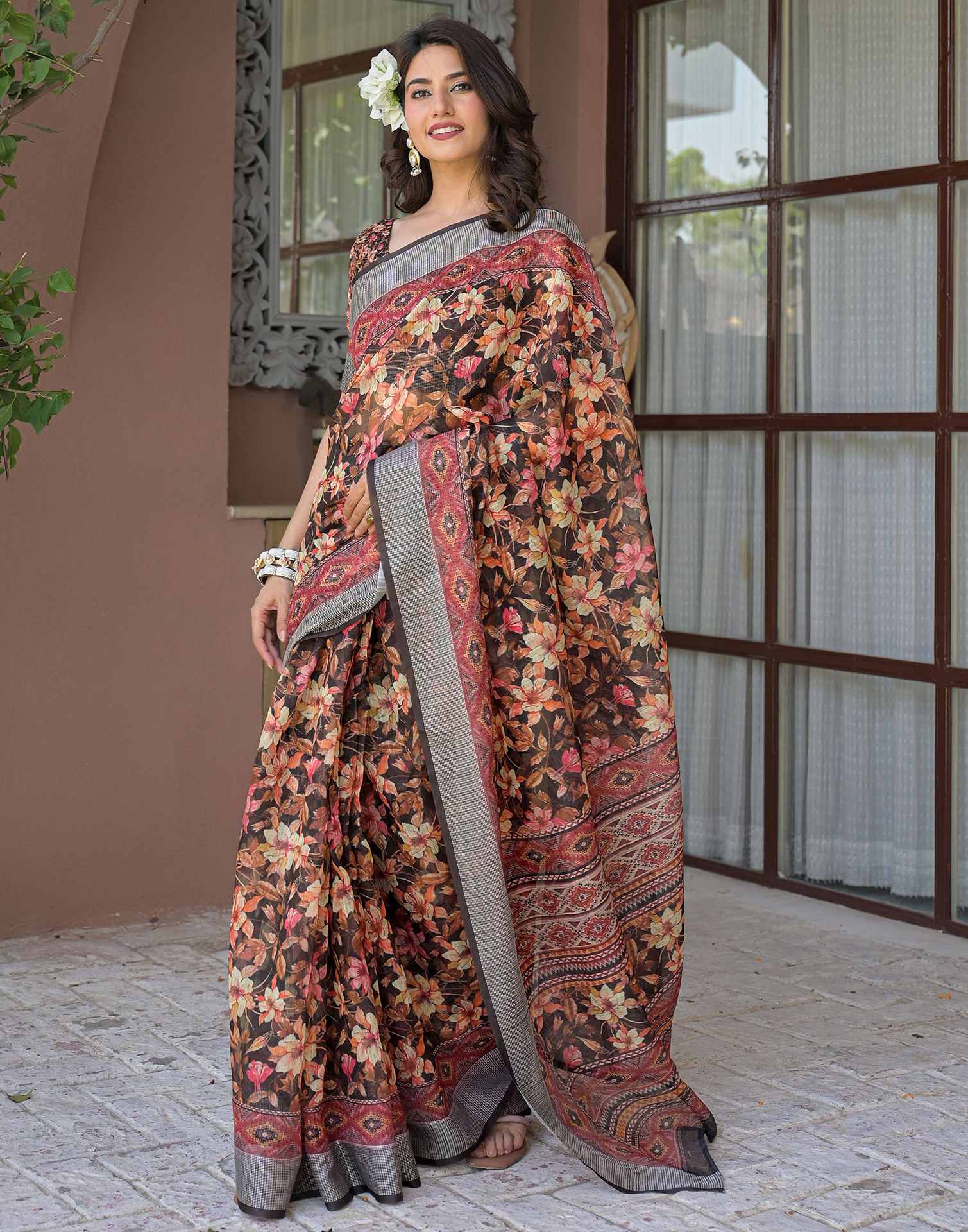 Ready To Wear Black Linen Floral Printed Saree - Image 5