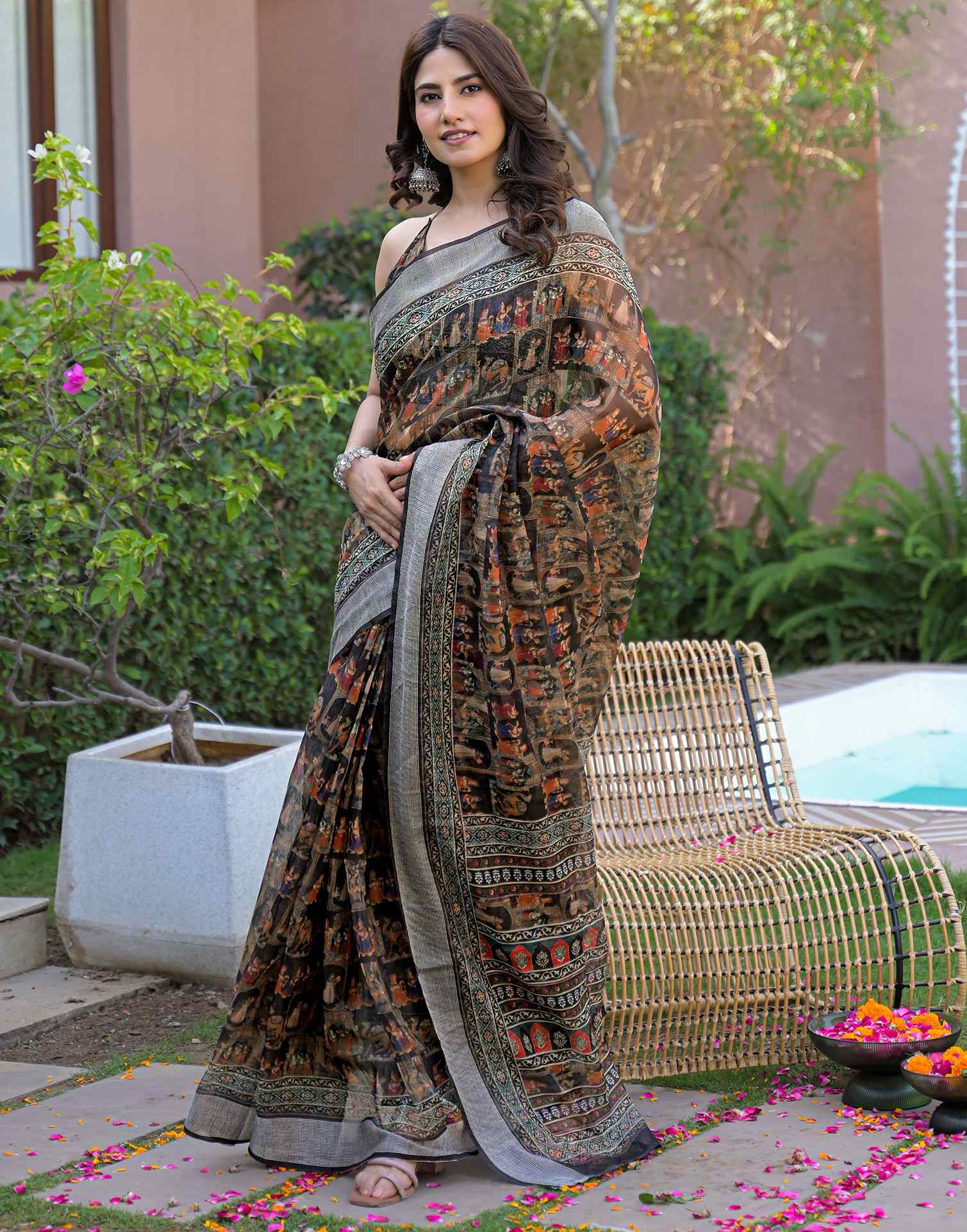 Ready To Wear Black Linen Printed Embroidery Border Saree - Image 5