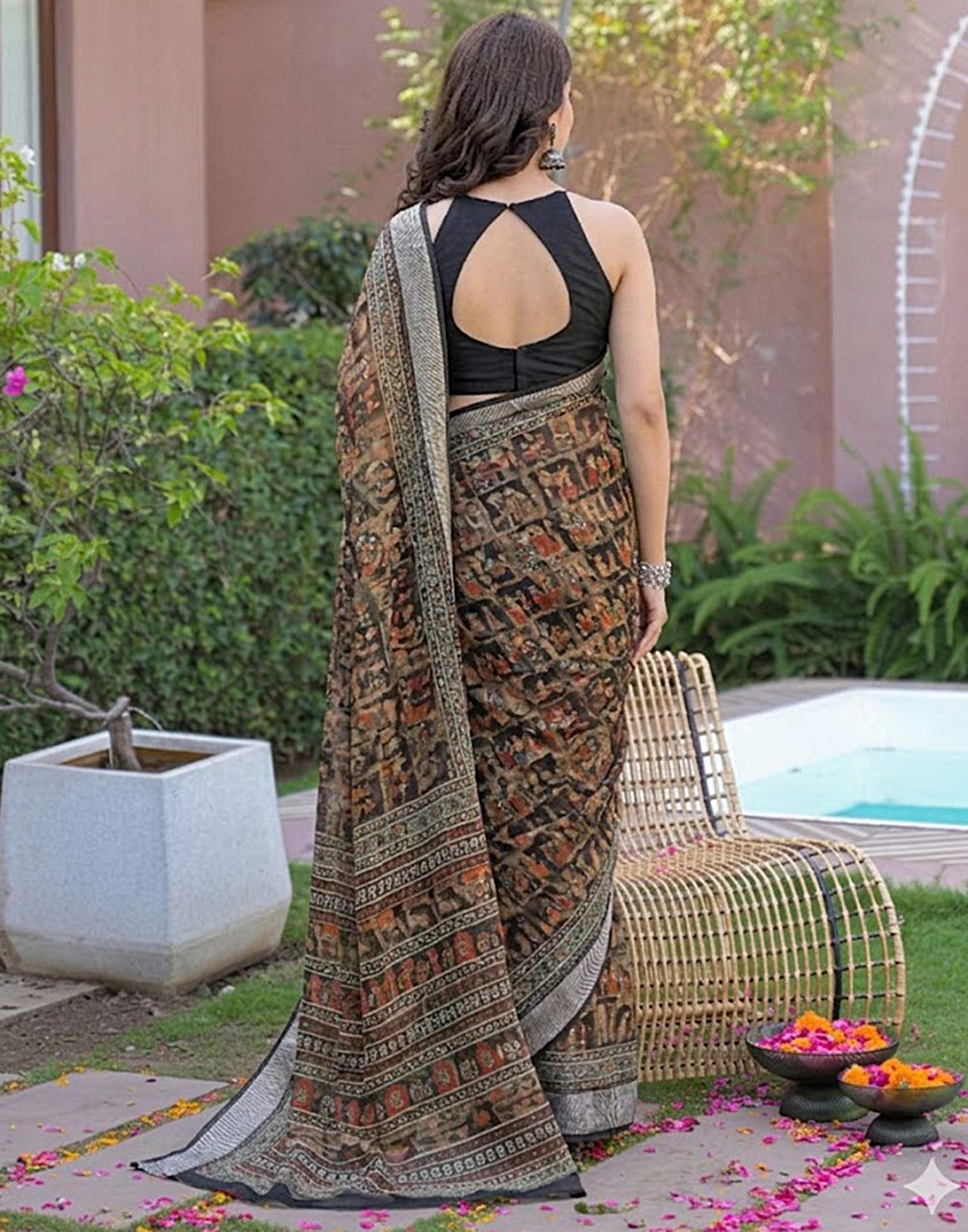 Ready To Wear Black Linen Printed Embroidery Border Saree - Image 7