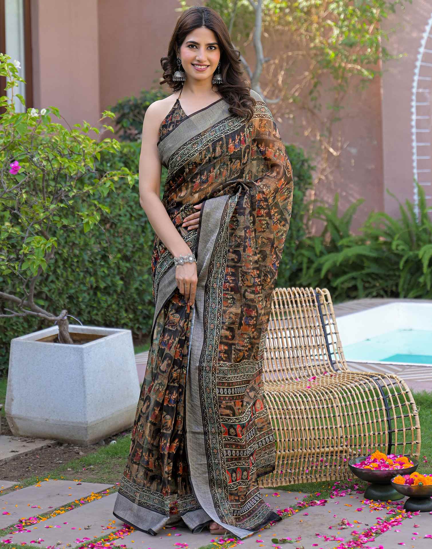 Ready To Wear Black Linen Printed Embroidery Border Saree - Image 8