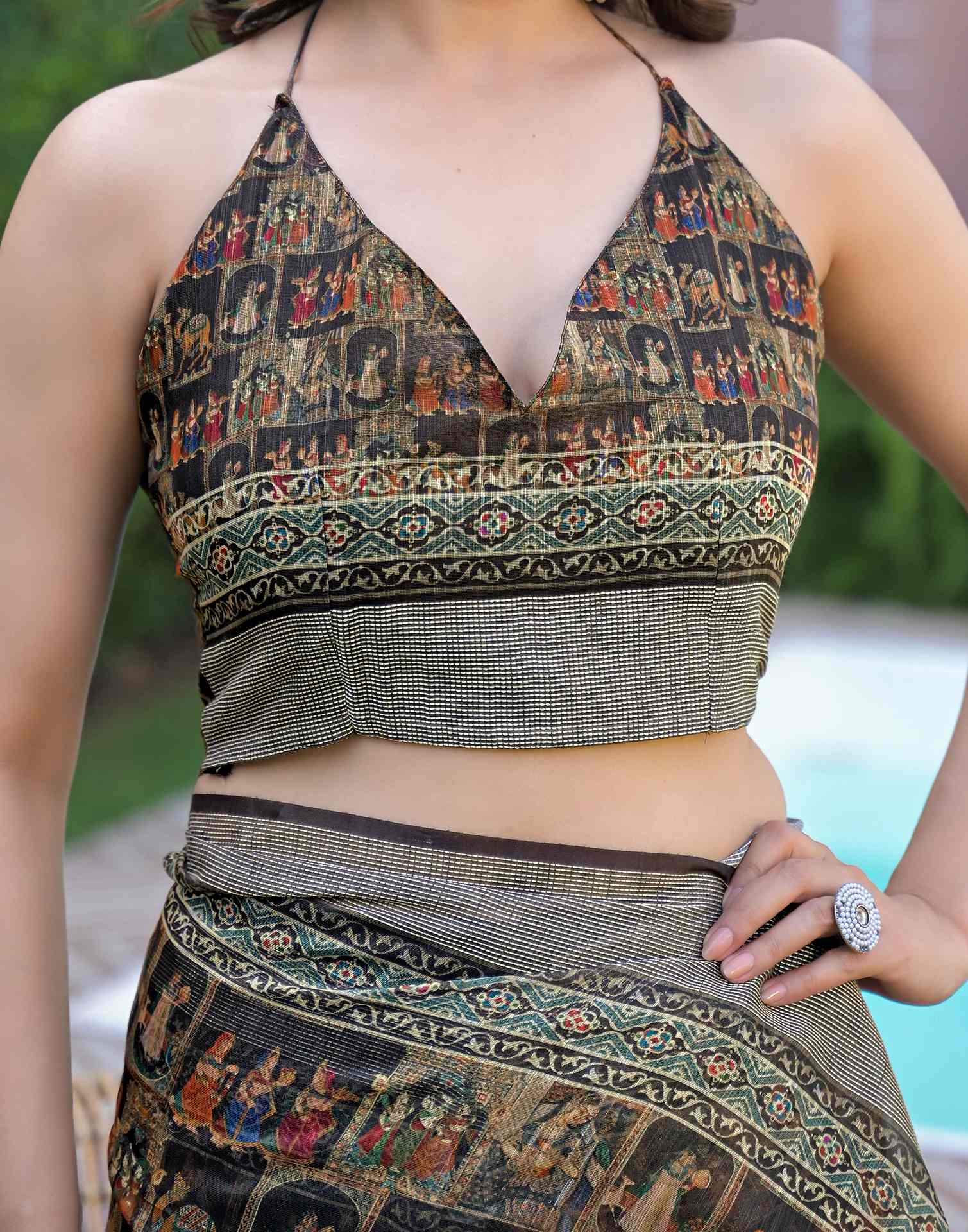 Ready To Wear Black Linen Printed Embroidery Border Saree - Image 9