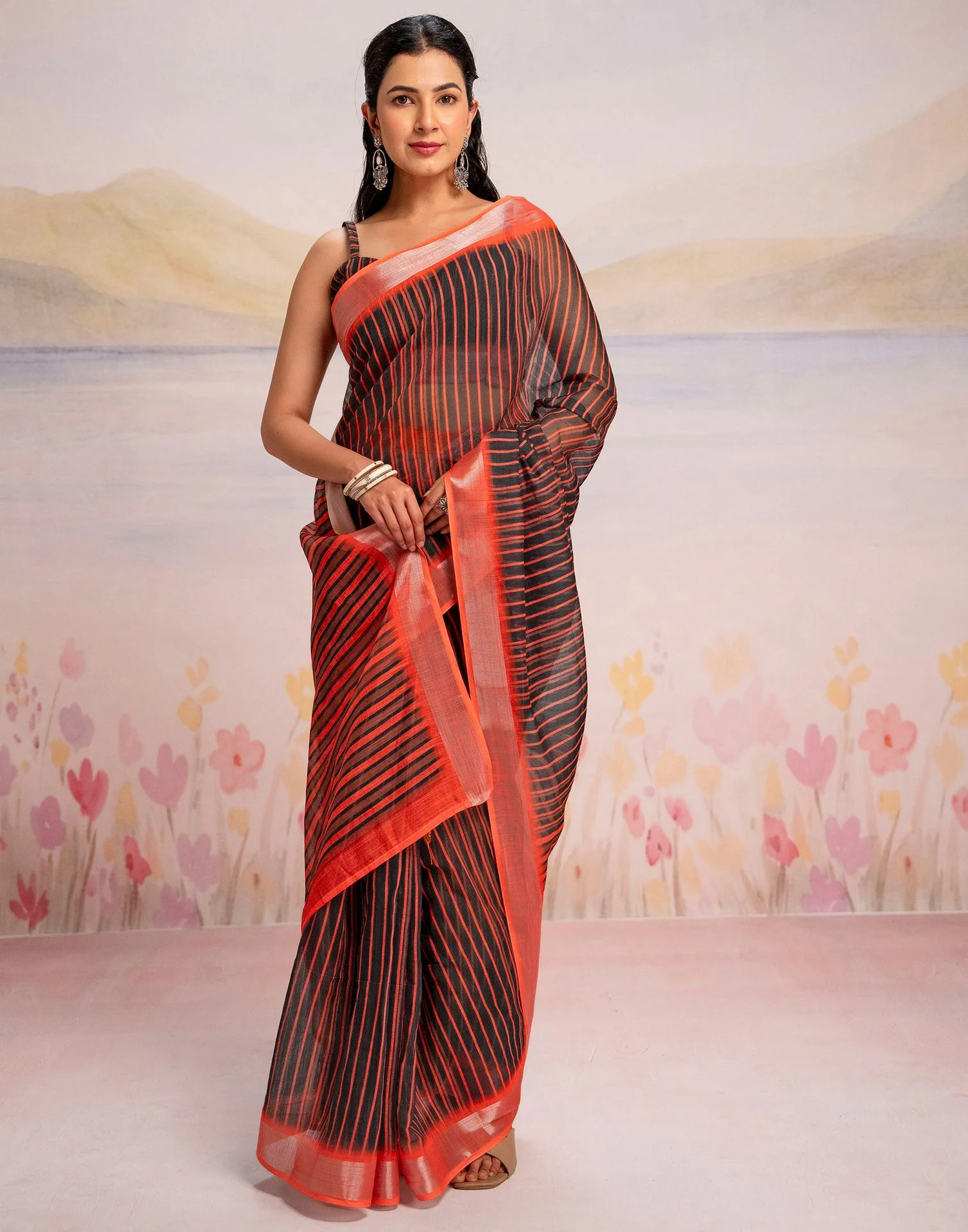 Ready To Wear Black Silk Printed Saree - Image 6