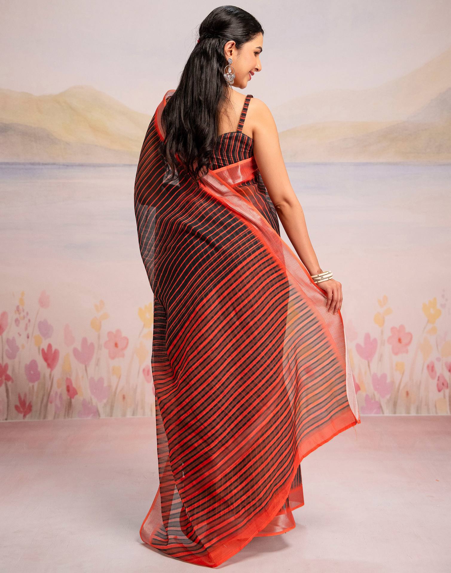 Ready To Wear Black Silk Printed Saree - Image 7