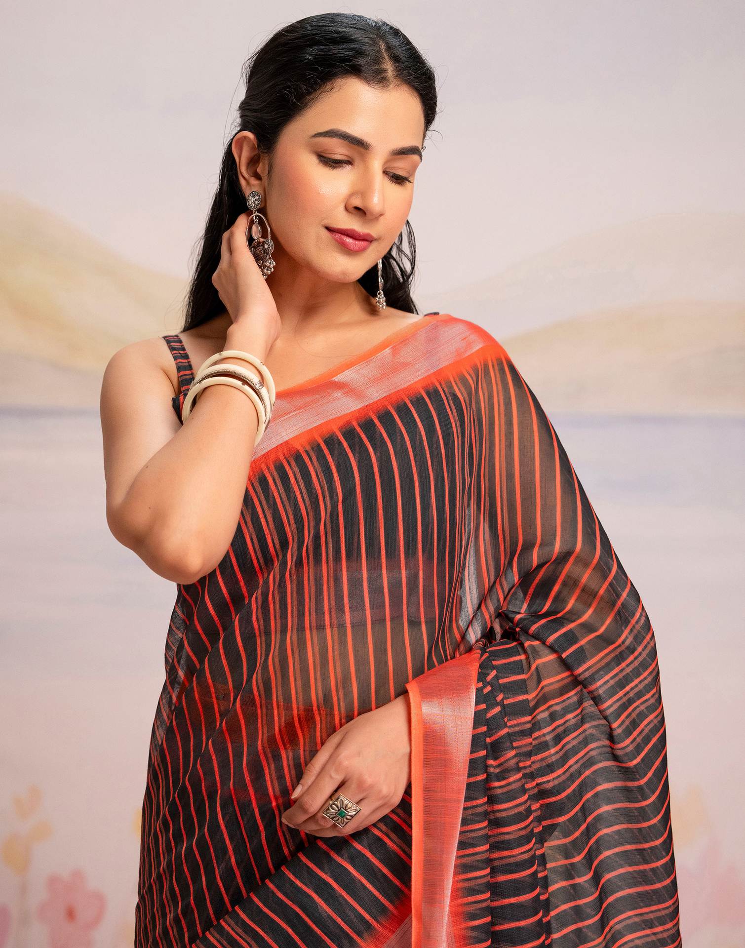 Ready To Wear Black Silk Printed Saree - Image 9