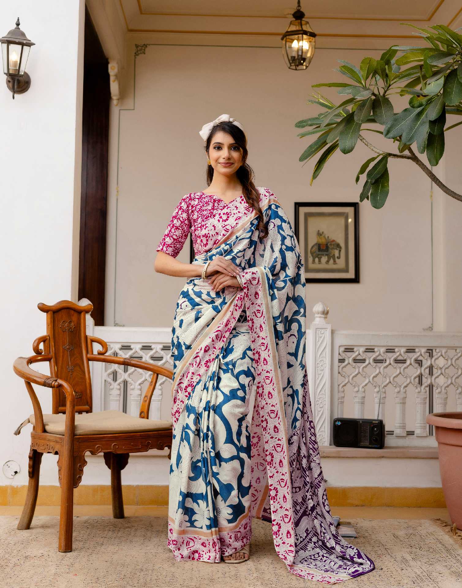 Ready To Wear Blue Cotton Printed Saree - Image 10