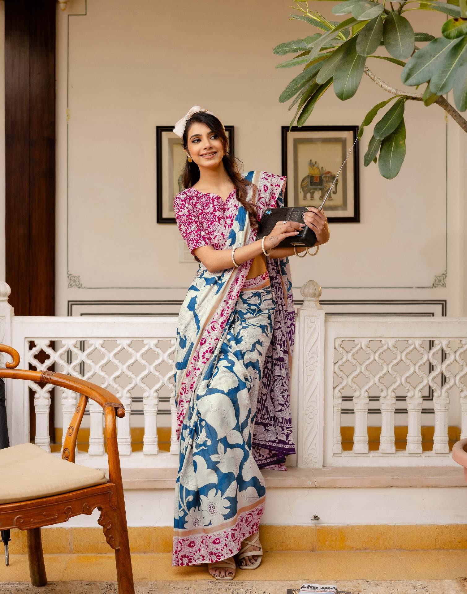 Ready To Wear Blue Cotton Printed Saree - Image 11