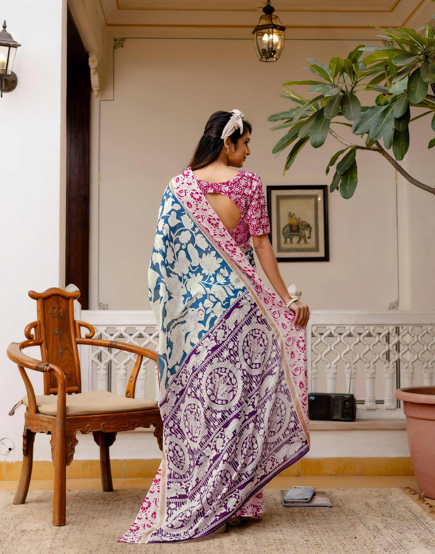 Ready To Wear Blue Cotton Printed Saree - Image 3