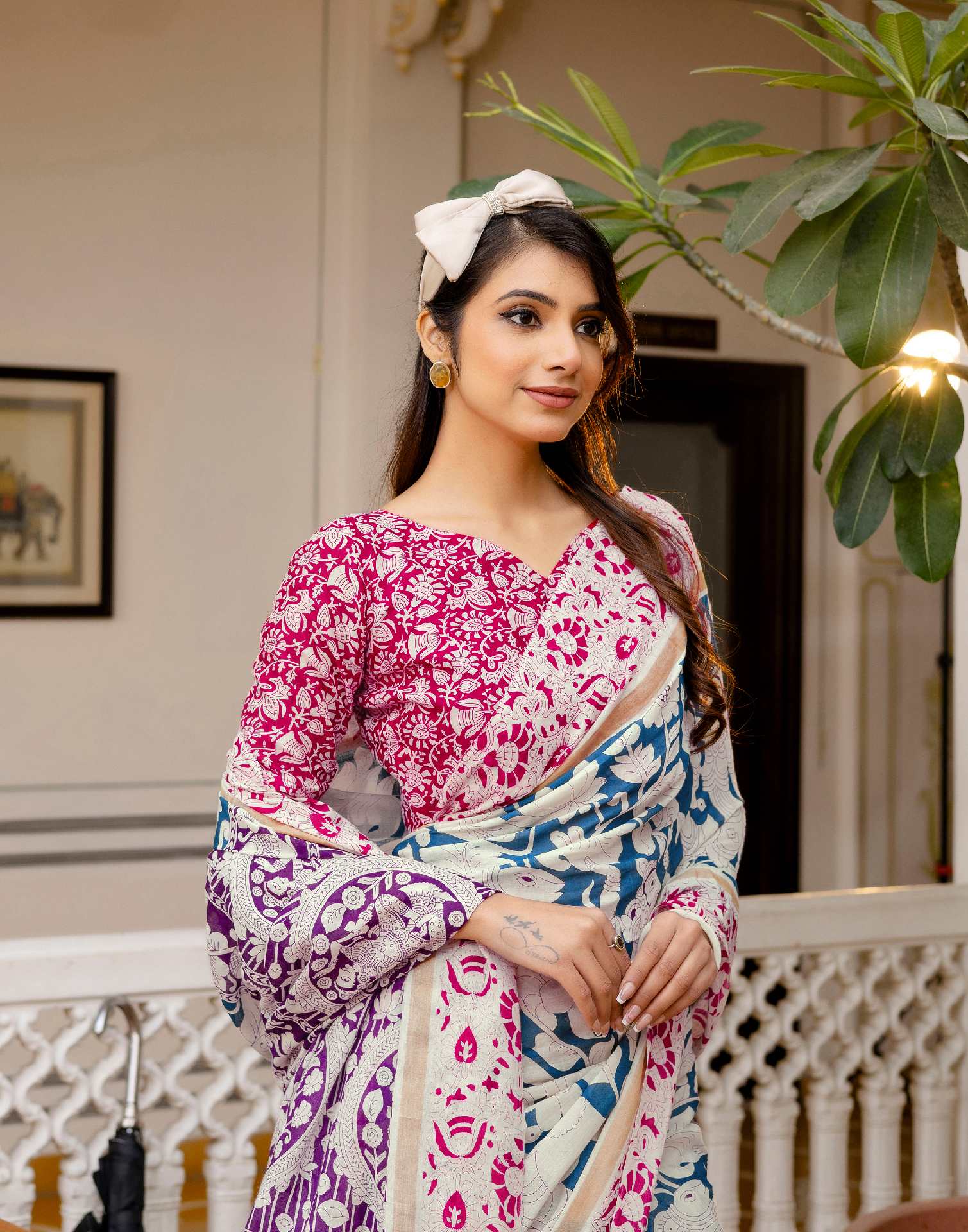 Ready To Wear Blue Cotton Printed Saree - Image 5