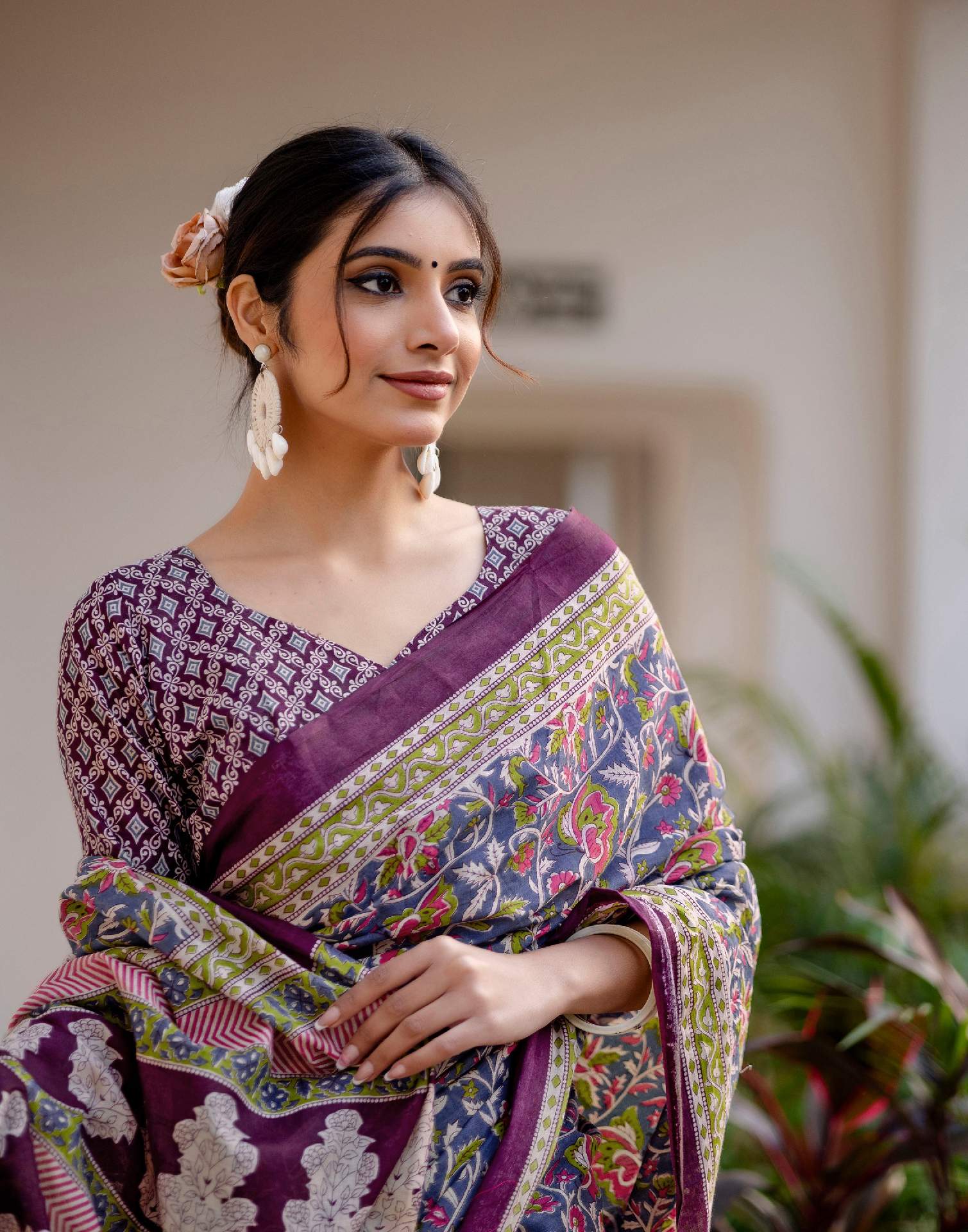 Ready To Wear Blue Cotton Printed Saree - Image 4