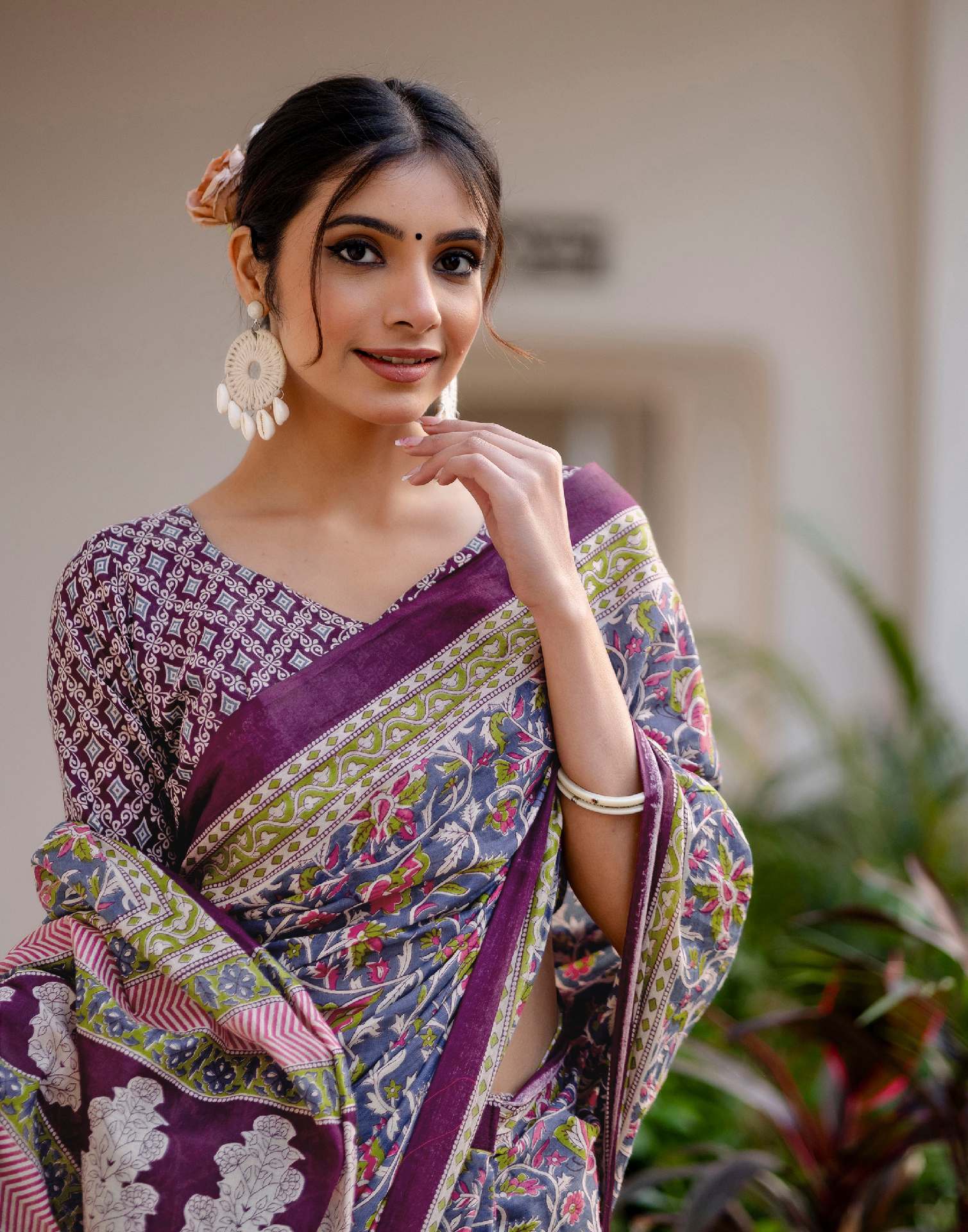 Ready To Wear Blue Cotton Printed Saree - Image 6