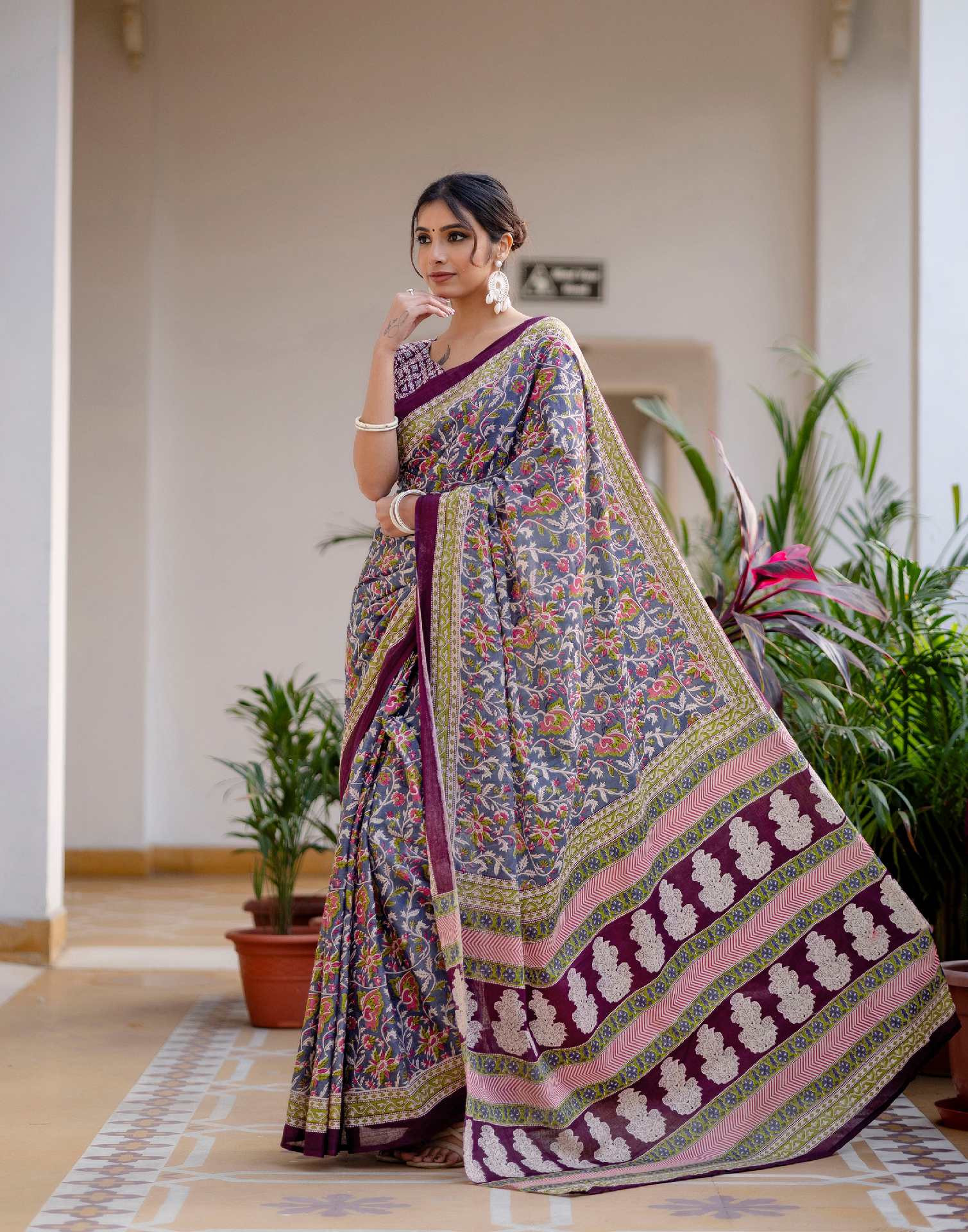 Ready To Wear Blue Cotton Printed Saree - Image 7