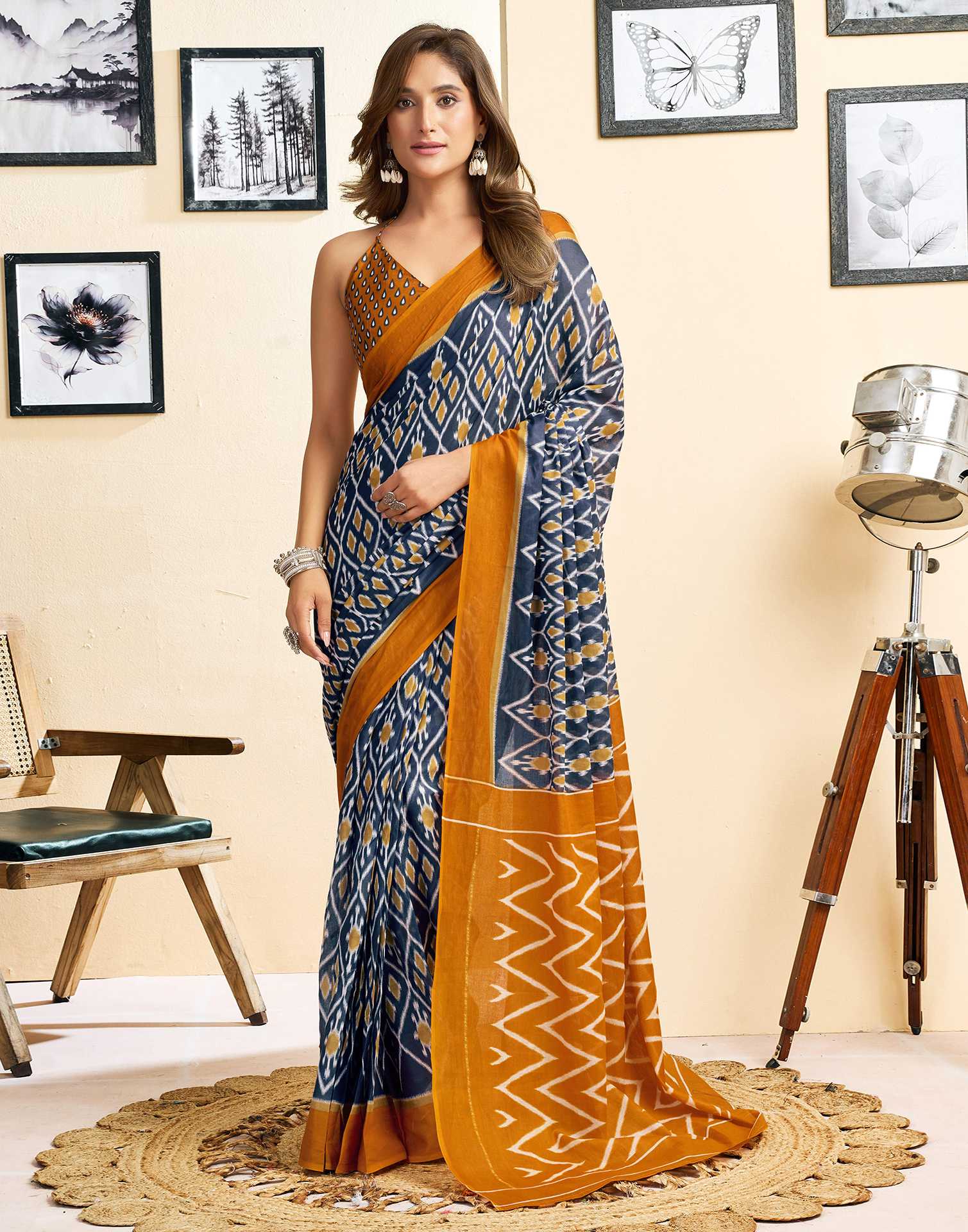 Ready To Wear Blue Cotton Printed Saree - Image 4