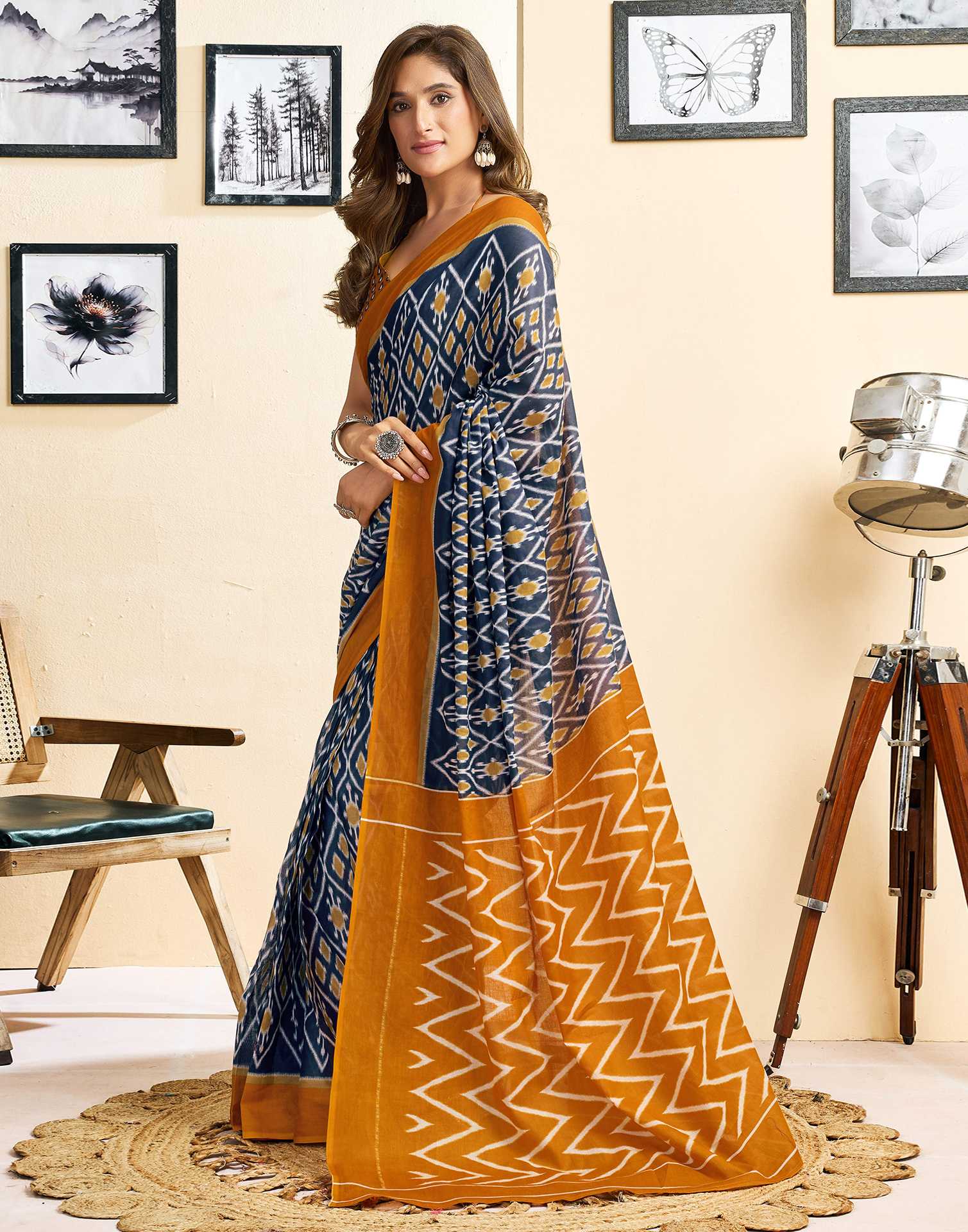 Ready To Wear Blue Cotton Printed Saree - Image 5